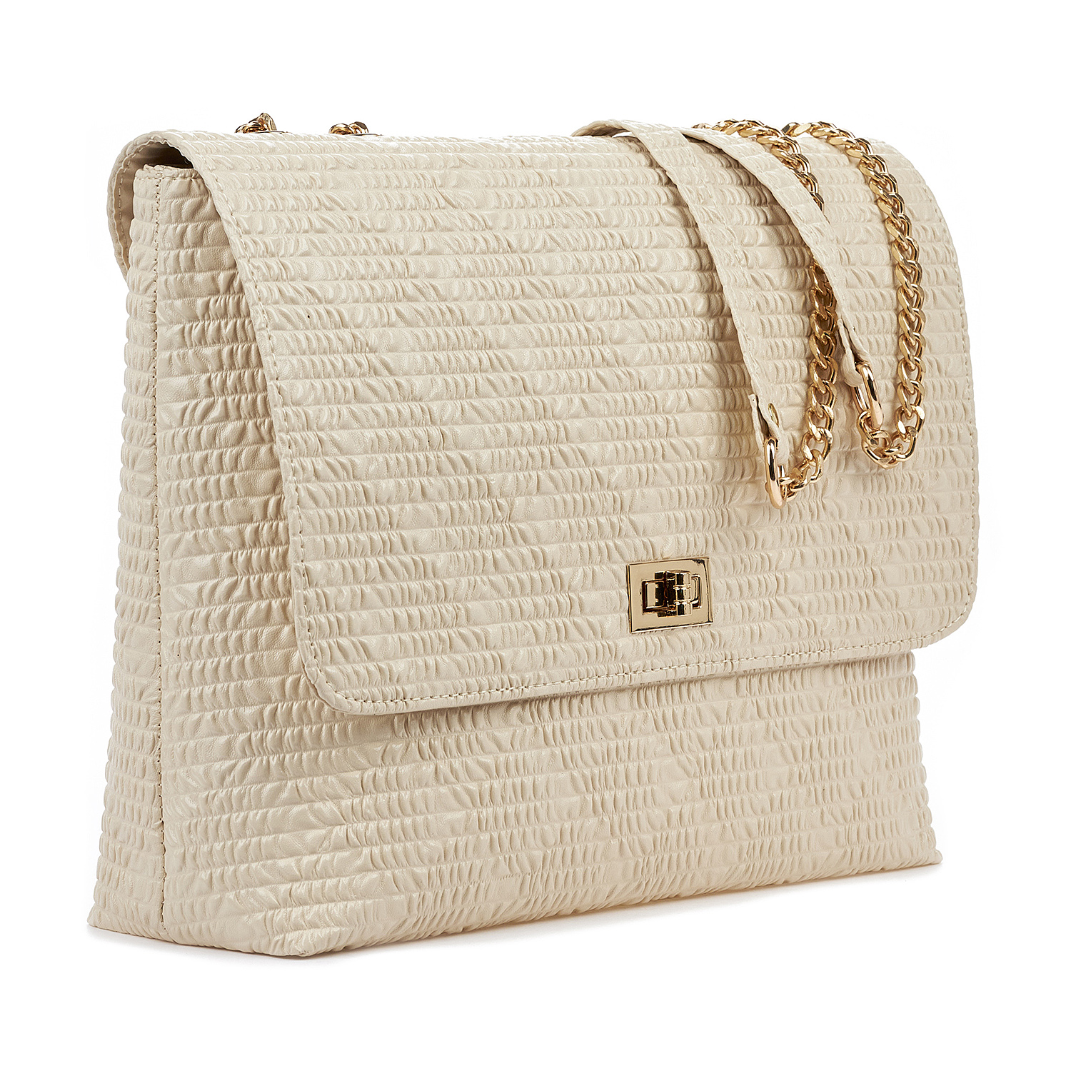 Sequoia Γυναικεία Τσάντα Ώμου με Ανάγλυφο Μοτίβο και Χρυσή Αλυσίδα V-109BU Μπεζ