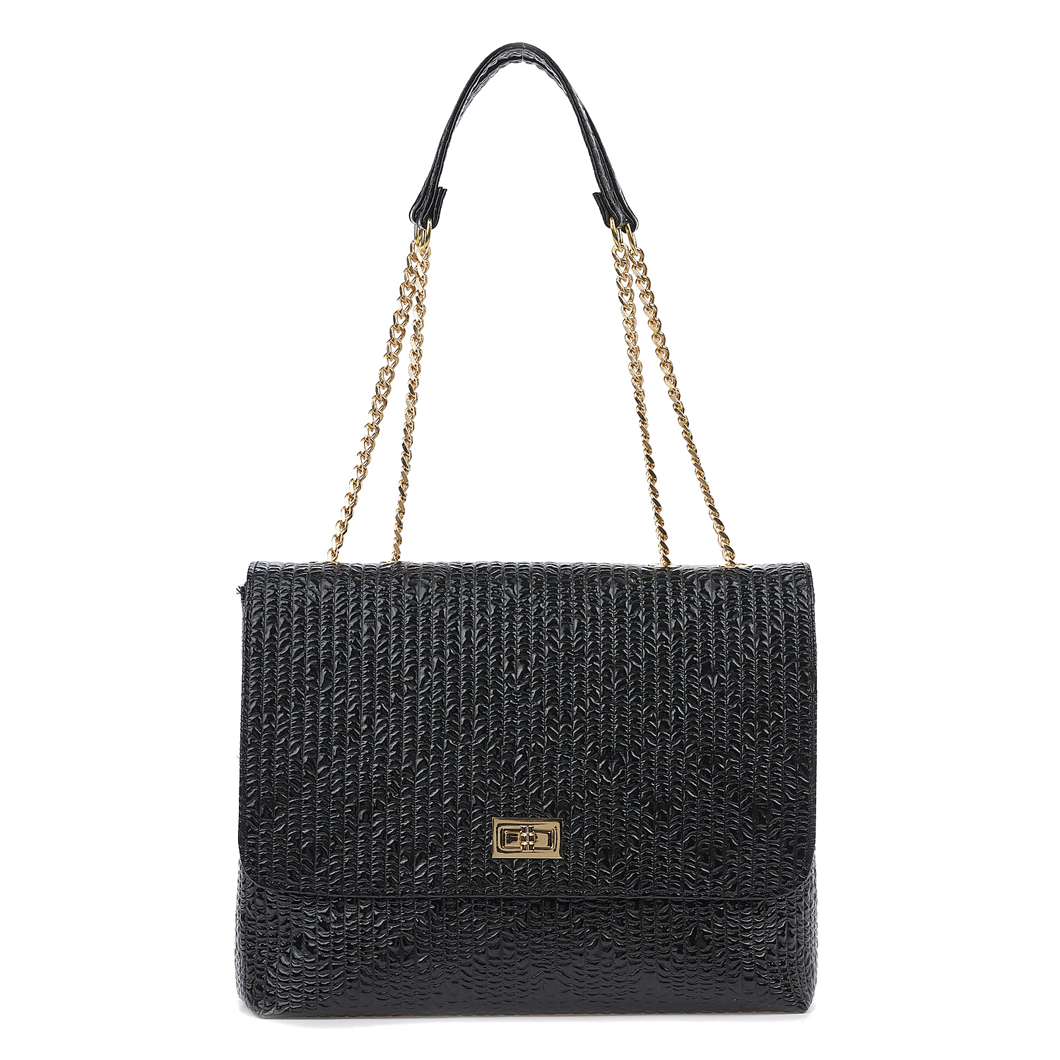 Sequoia Γυναικεία Τσάντα Ώμου με Ανάγλυφο Μοτίβο και Χρυσή Αλυσίδα V-109BU Μαύρο