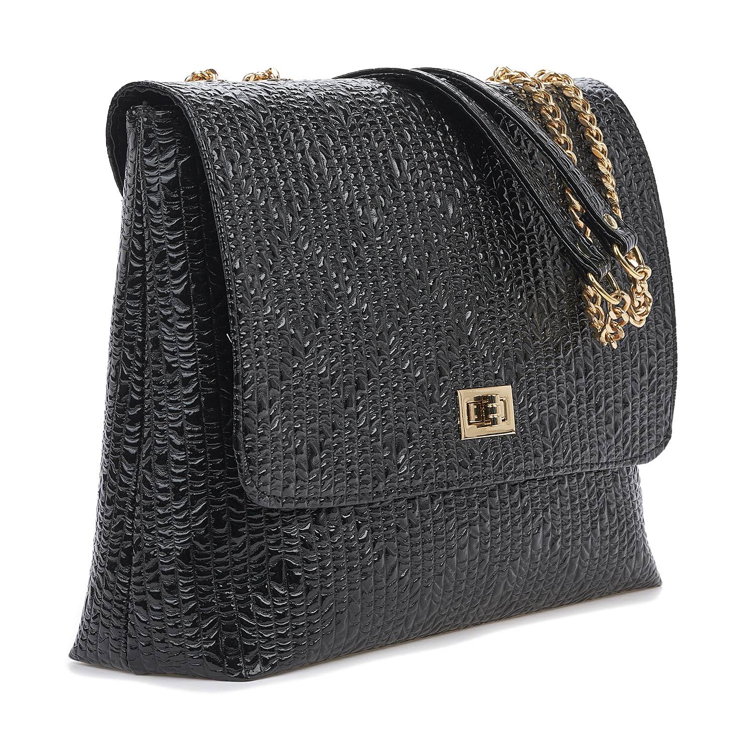 Sequoia Γυναικεία Τσάντα Ώμου με Ανάγλυφο Μοτίβο και Χρυσή Αλυσίδα V-109BU Μαύρο