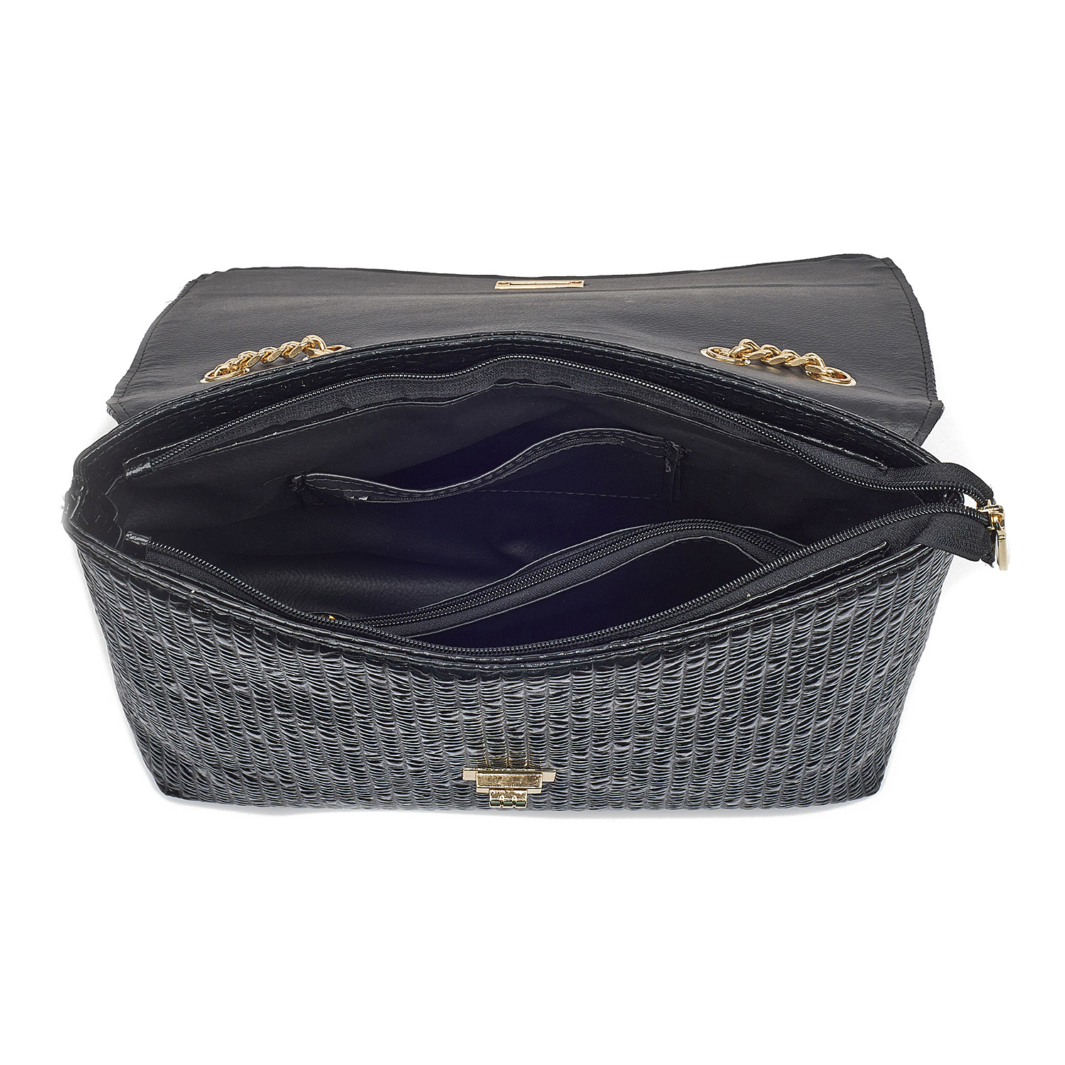 Sequoia Γυναικεία Τσάντα Ώμου με Ανάγλυφο Μοτίβο και Χρυσή Αλυσίδα V-109BU Μαύρο