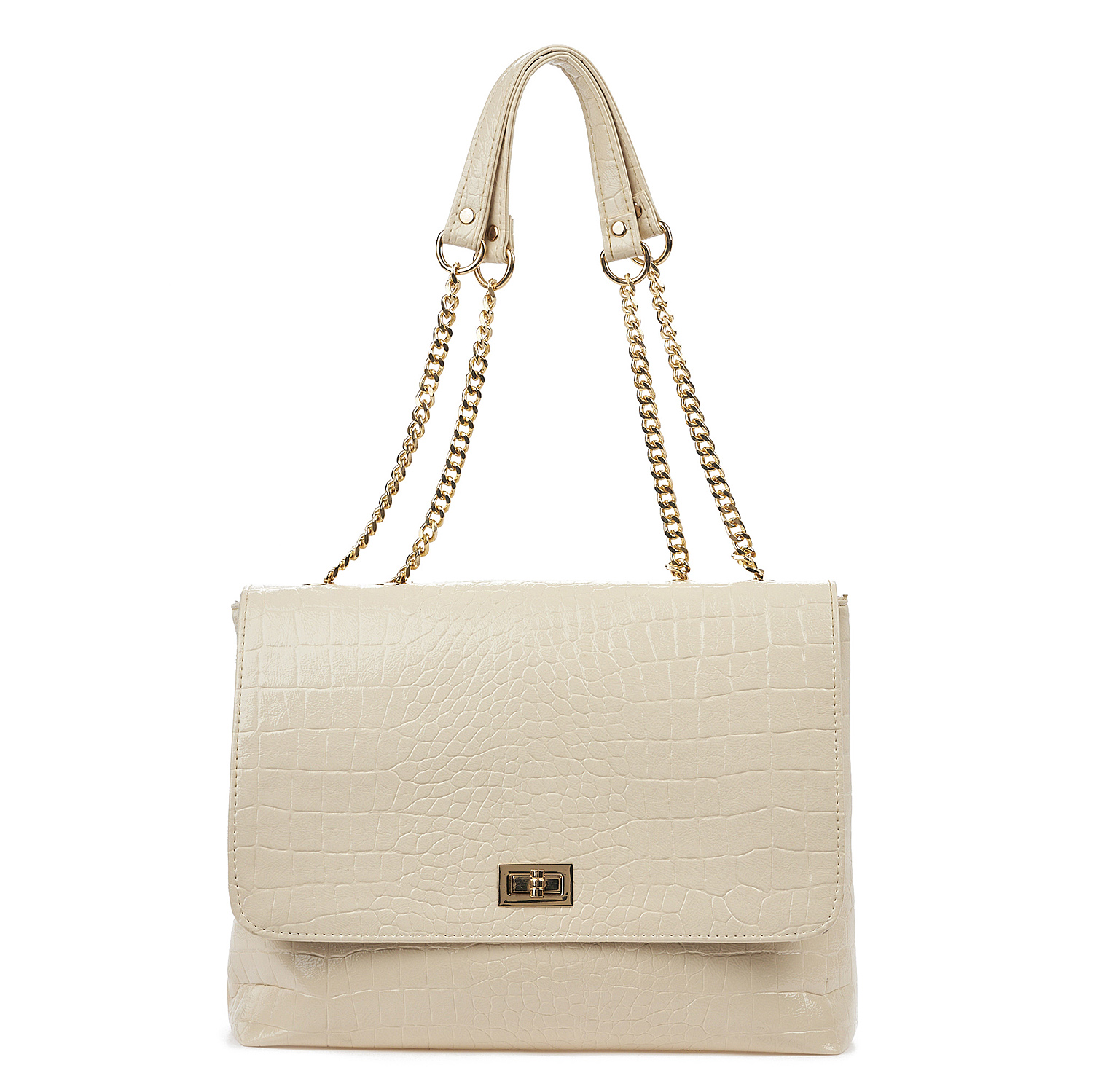 Sequoia Γυναικεία Τσάντα Ώμου με Ανάγλυφο Μοτίβο κροκόδειλο και Χρυσή Αλυσίδα V-109CR Μπεζ