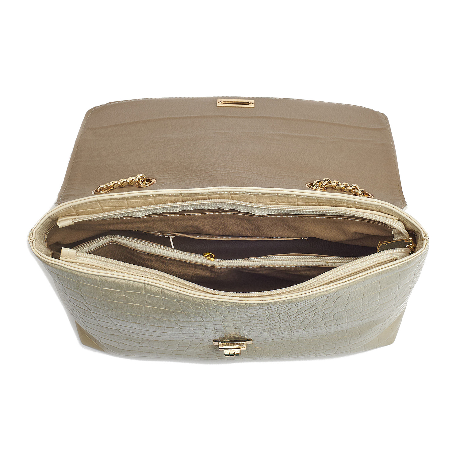 Sequoia Γυναικεία Τσάντα Ώμου με Ανάγλυφο Μοτίβο κροκόδειλο και Χρυσή Αλυσίδα V-109CR Μπεζ