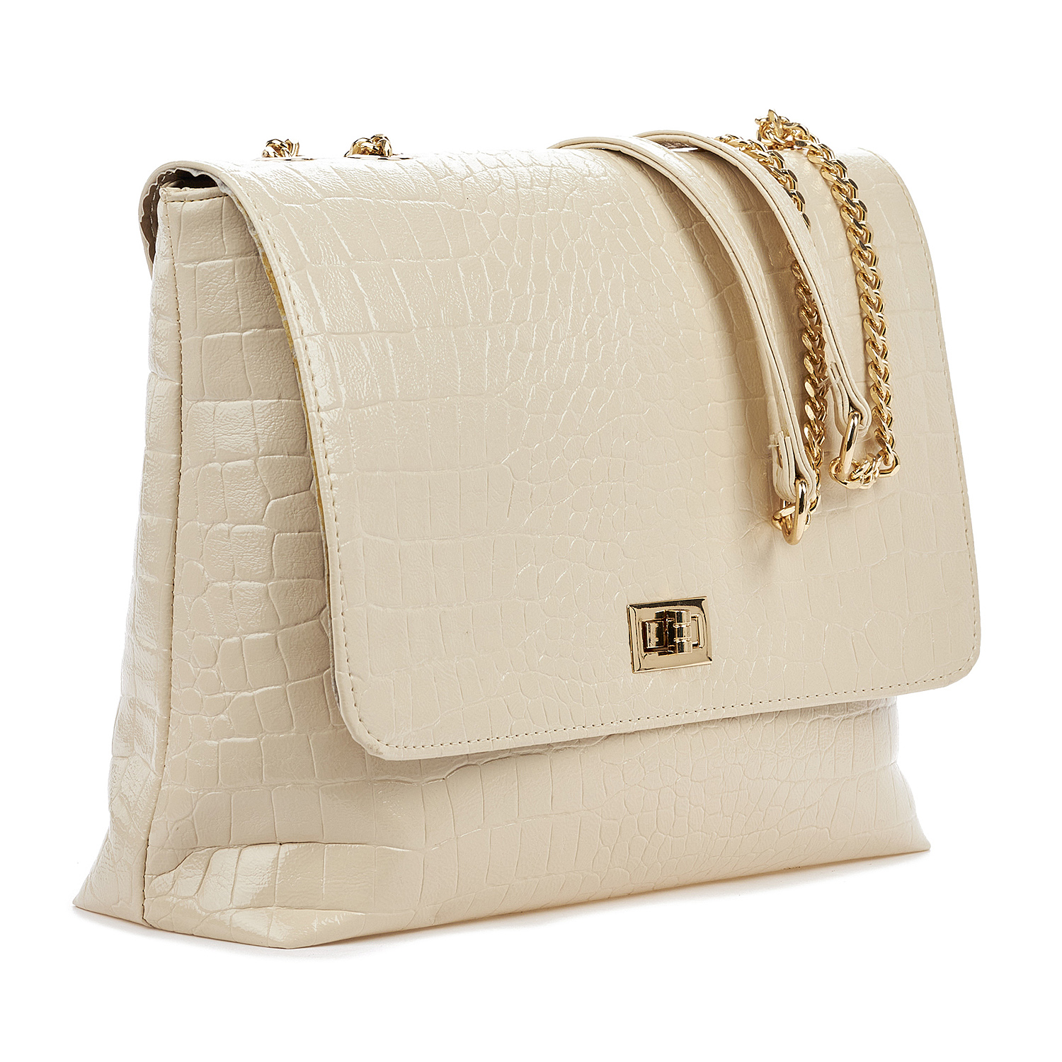 Sequoia Γυναικεία Τσάντα Ώμου με Ανάγλυφο Μοτίβο κροκόδειλο και Χρυσή Αλυσίδα V-109CR Μπεζ