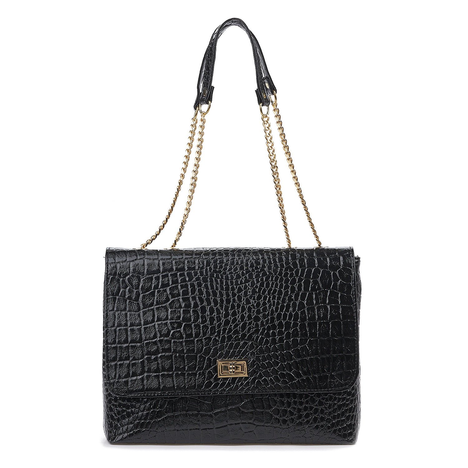 Sequoia Γυναικεία Τσάντα Ώμου με Ανάγλυφο Μοτίβο κροκόδειλο και Χρυσή Αλυσίδα V-109CR Μαύρο
