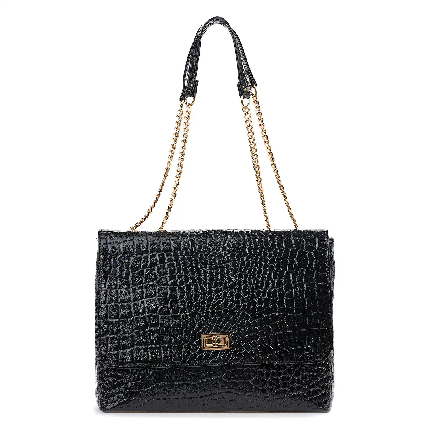 Sequoia Γυναικεία Τσάντα Ώμου με Ανάγλυφο Μοτίβο κροκόδειλο και Χρυσή Αλυσίδα V-109CR Μαύρο