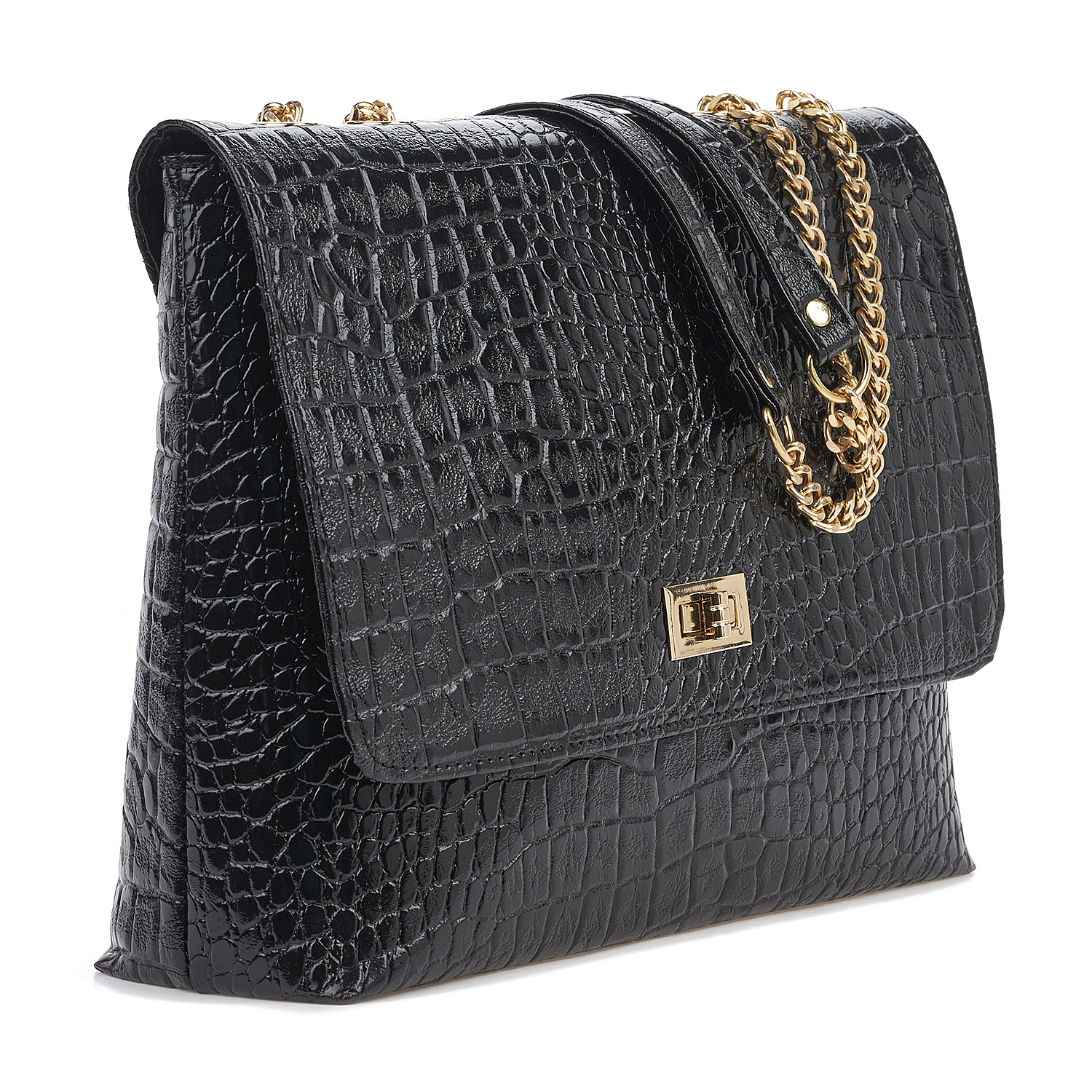 Sequoia Γυναικεία Τσάντα Ώμου με Ανάγλυφο Μοτίβο κροκόδειλο και Χρυσή Αλυσίδα V-109CR Μαύρο