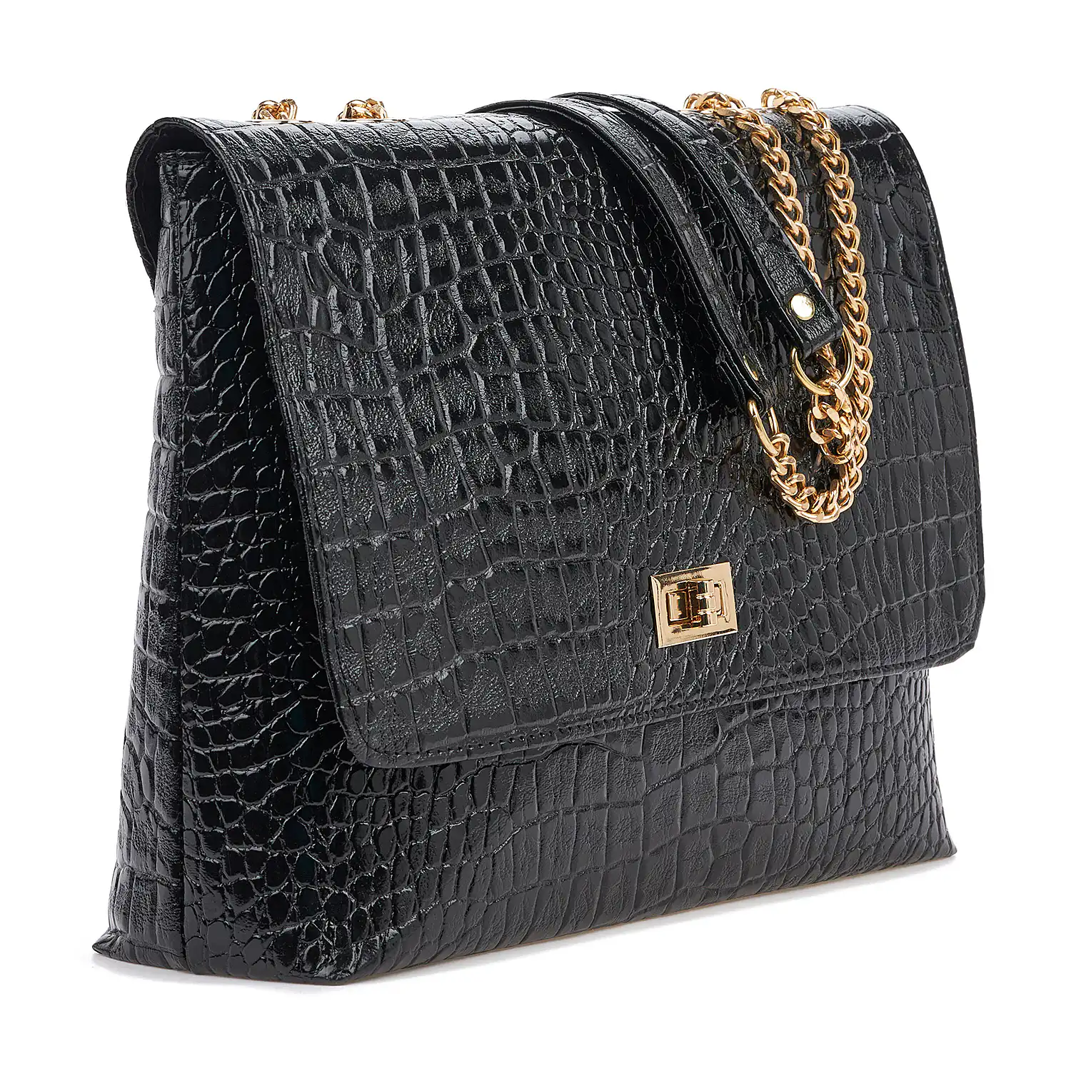 Sequoia Γυναικεία Τσάντα Ώμου με Ανάγλυφο Μοτίβο κροκόδειλο και Χρυσή Αλυσίδα V-109CR Μαύρο