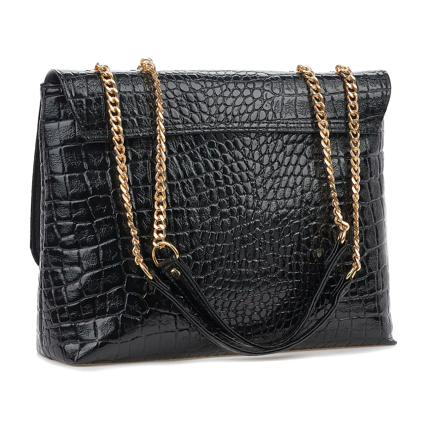 Sequoia Γυναικεία Τσάντα Ώμου με Ανάγλυφο Μοτίβο κροκόδειλο και Χρυσή Αλυσίδα V-109CR Μαύρο