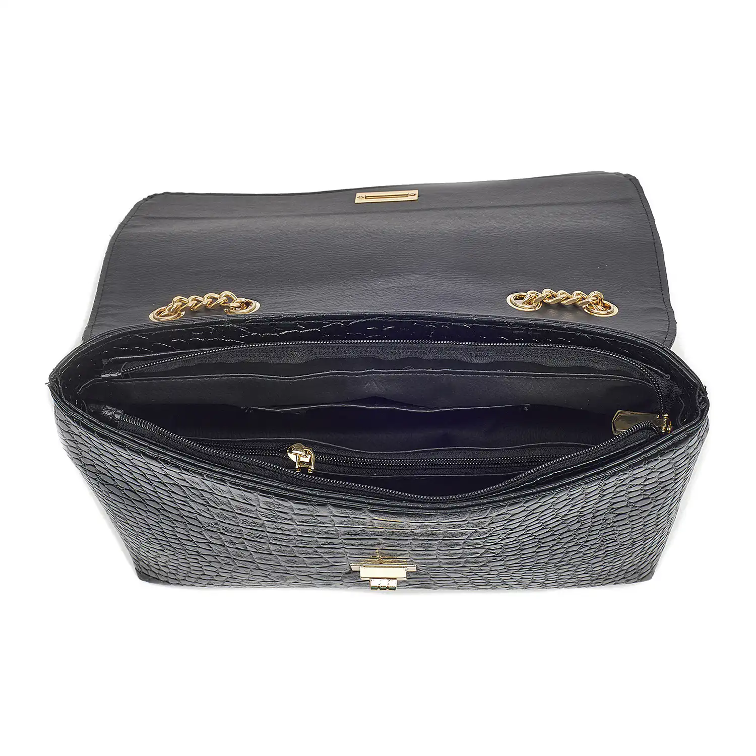 Sequoia Γυναικεία Τσάντα Ώμου με Ανάγλυφο Μοτίβο κροκόδειλο και Χρυσή Αλυσίδα V-109CR Μαύρο