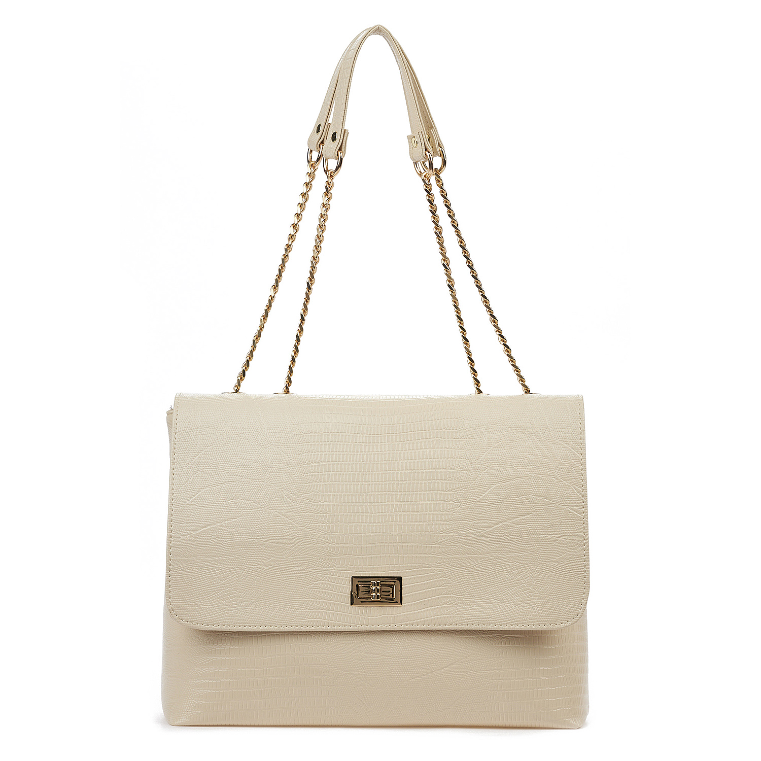 Sequoia Γυναικεία Τσάντα Ώμου με Ανάγλυφο Μοτίβο Ιγκουάνα και Χρυσή Αλυσίδα V-109IG Μπεζ