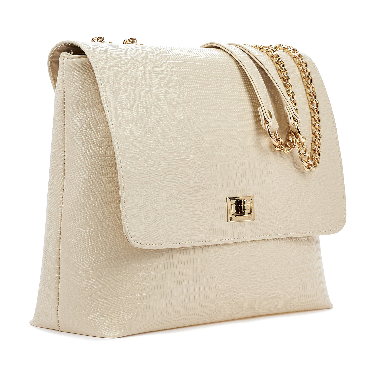 Sequoia Γυναικεία Τσάντα Ώμου με Ανάγλυφο Μοτίβο Ιγκουάνα και Χρυσή Αλυσίδα V-109IG Μπεζ