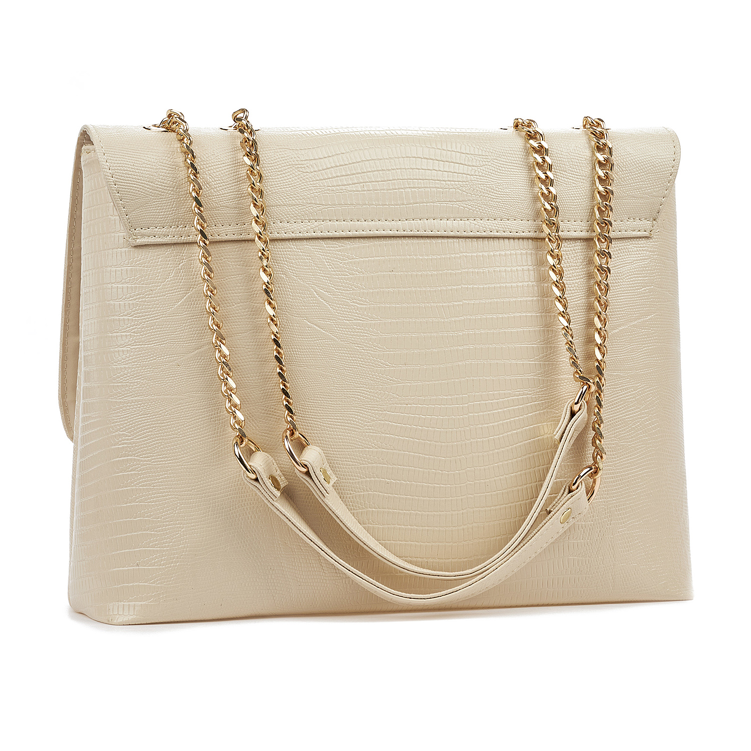 Sequoia Γυναικεία Τσάντα Ώμου με Ανάγλυφο Μοτίβο Ιγκουάνα και Χρυσή Αλυσίδα V-109IG Μπεζ