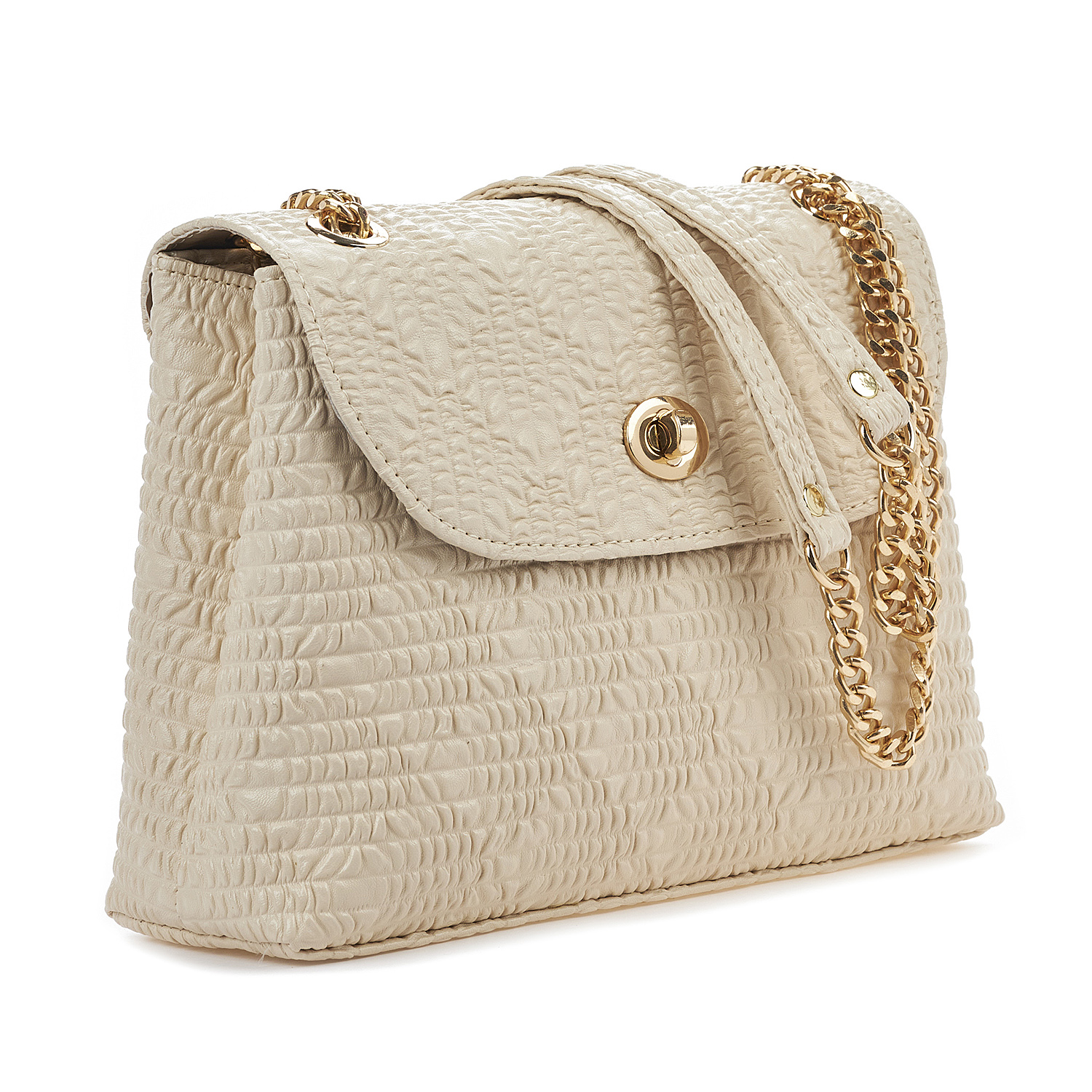 Sequoia Γυναικεία Τσάντα Ώμου με Ανάγλυφο Μοτίβο και Χρυσή Αλυσίδα V-111BU Μπεζ