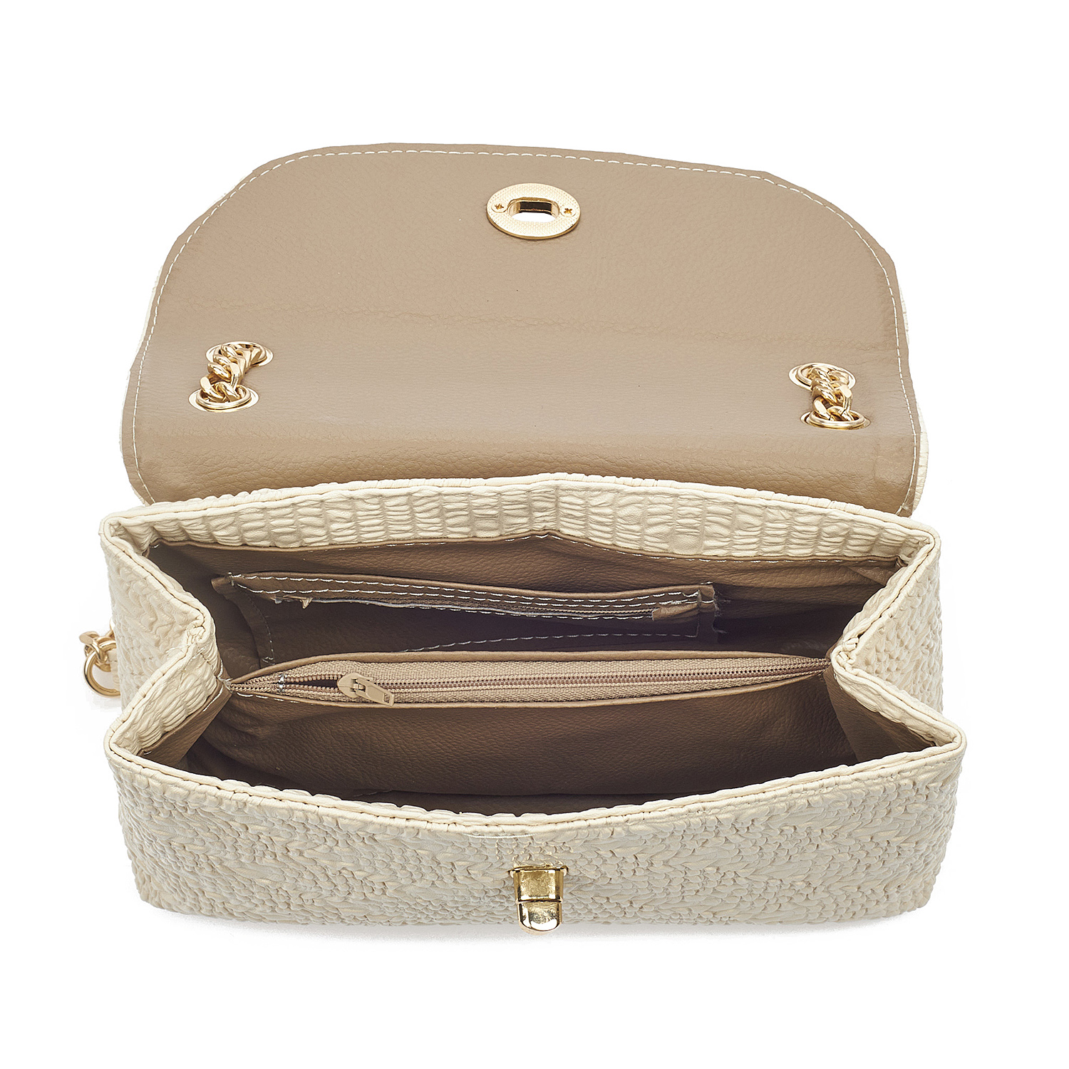 Sequoia Γυναικεία Τσάντα Ώμου με Ανάγλυφο Μοτίβο και Χρυσή Αλυσίδα V-111BU Μπεζ