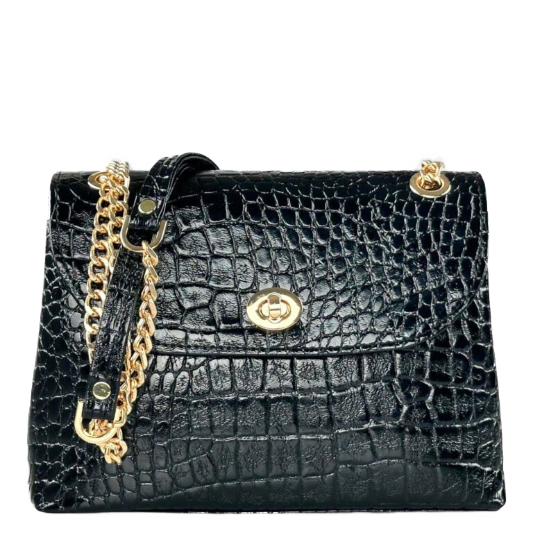 Sequoia Γυναικεία Τσάντα Ώμου με Καπιτονέ Μοτίβο Κροκό και Χρυσή Αλυσίδα V-111CH Μαύρο