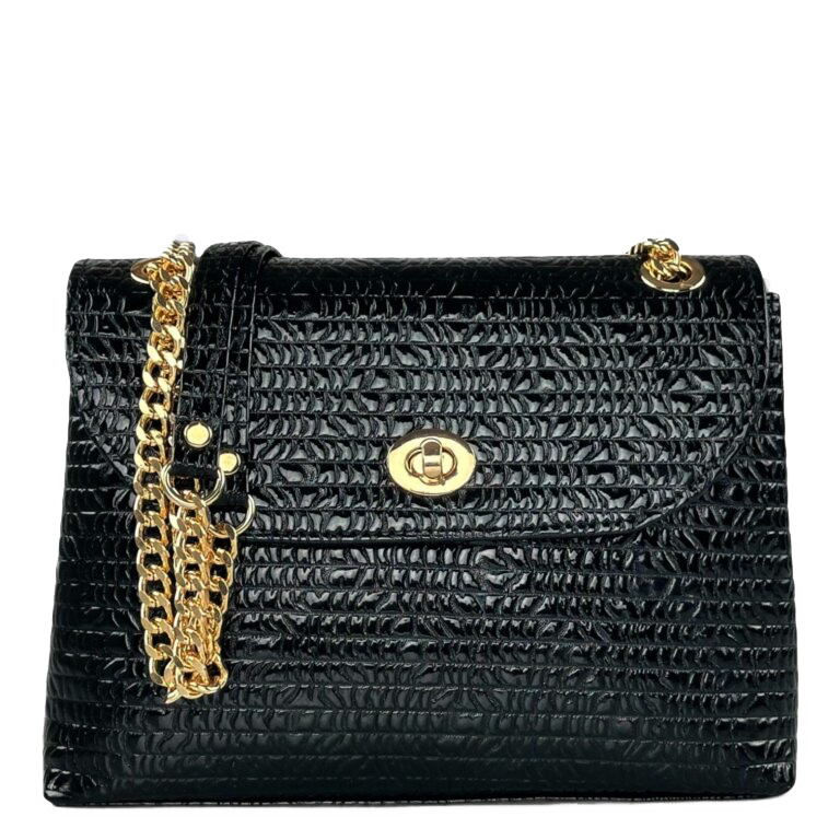 Sequoia Γυναικεία Τσάντα Ώμου με Ανάγλυφο Μοτίβο και Χρυσή Αλυσίδα V-111BU Μαύρο