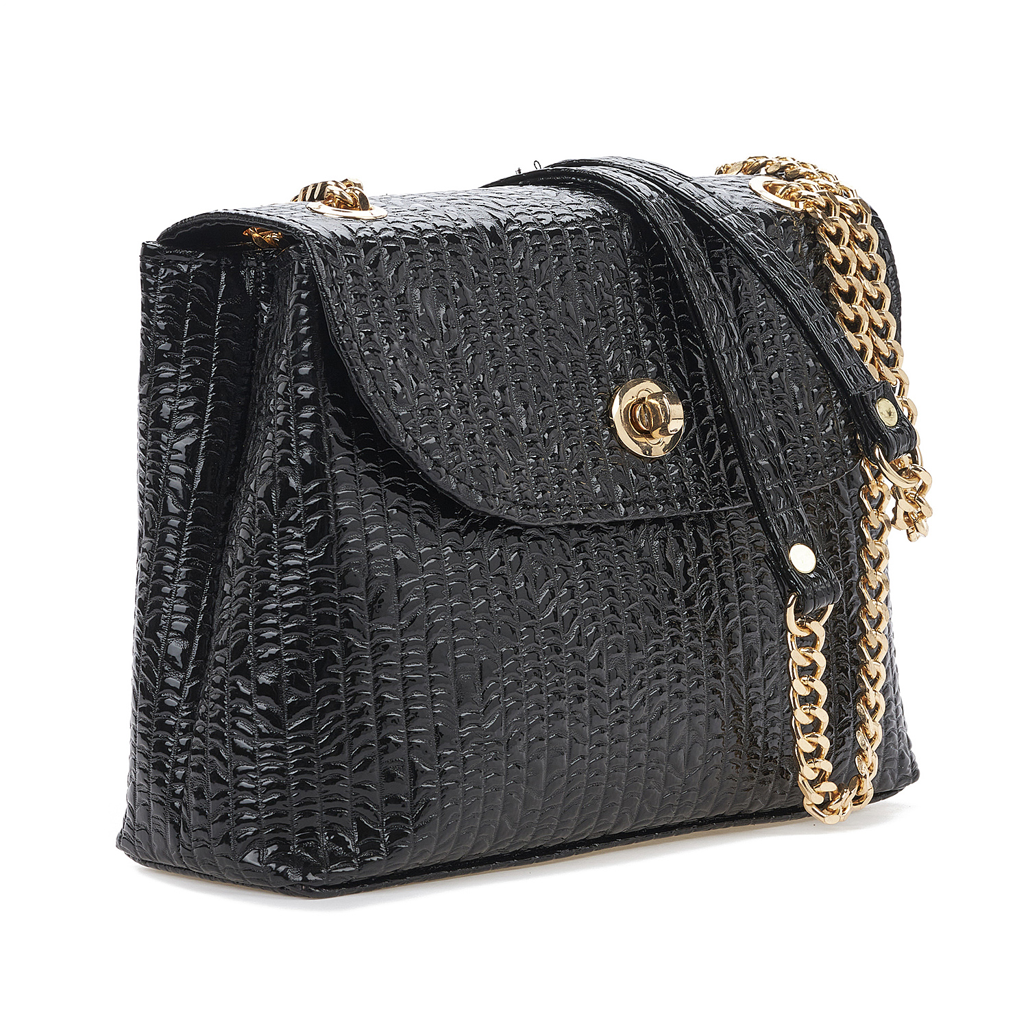 Sequoia Γυναικεία Τσάντα Ώμου με Ανάγλυφο Μοτίβο και Χρυσή Αλυσίδα V-111BU Μαύρο