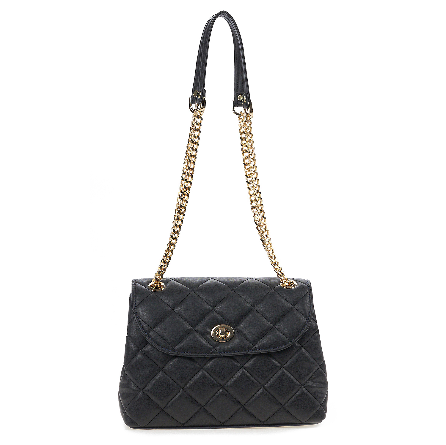 Sequoia Γυναικεία Τσάντα Ώμου με Καπιτονέ Μοτίβο Κροκό και Χρυσή Αλυσίδα V-111CH Μαύρο