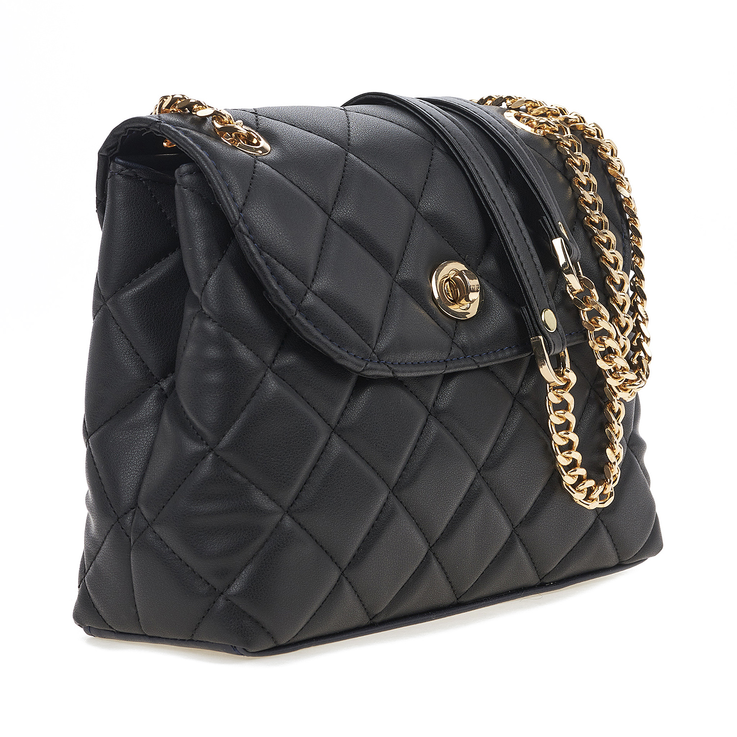 Sequoia Γυναικεία Τσάντα Ώμου με Καπιτονέ Μοτίβο Κροκό και Χρυσή Αλυσίδα V-111CH Μαύρο