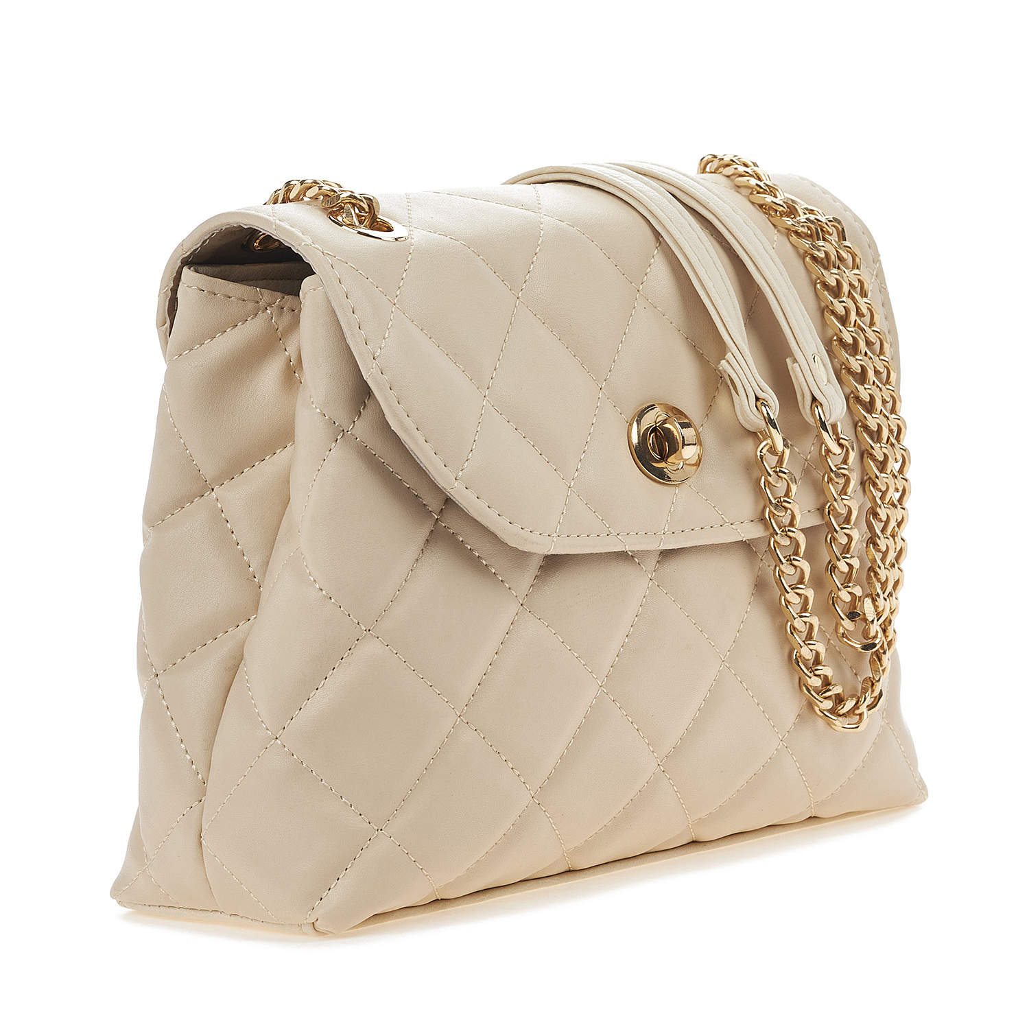 Sequoia Γυναικεία Τσάντα Ώμου με Ανάγλυφο Καπιτονέ  Μοτίβο και Χρυσή Αλυσίδα V-111CH Μπεζ