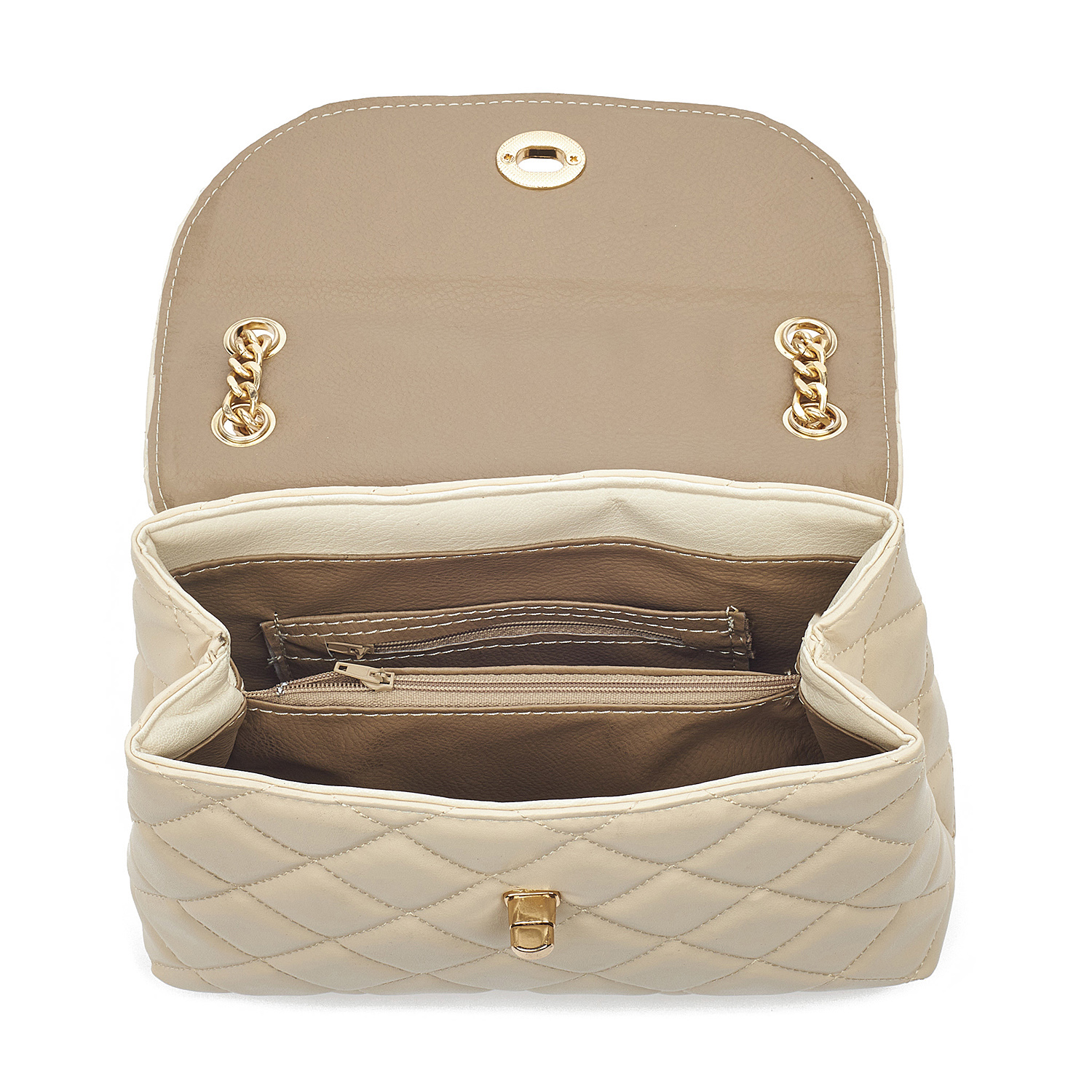 Sequoia Γυναικεία Τσάντα Ώμου με Ανάγλυφο Καπιτονέ  Μοτίβο και Χρυσή Αλυσίδα V-111CH Μπεζ