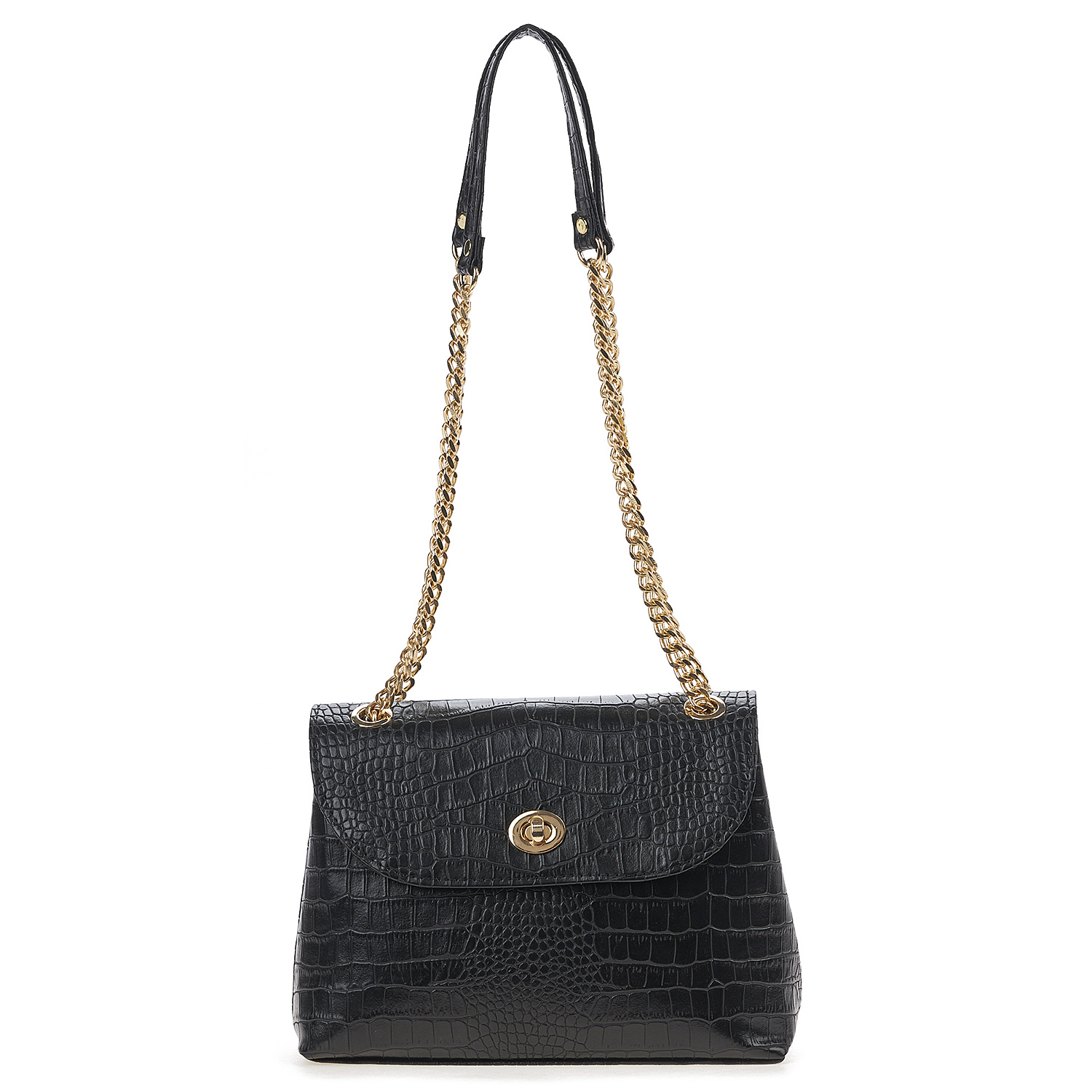 Sequoia Γυναικεία Τσάντα Ώμου με Καπιτονέ Μοτίβο Κροκό και Χρυσή Αλυσίδα V-111CH Μαύρο