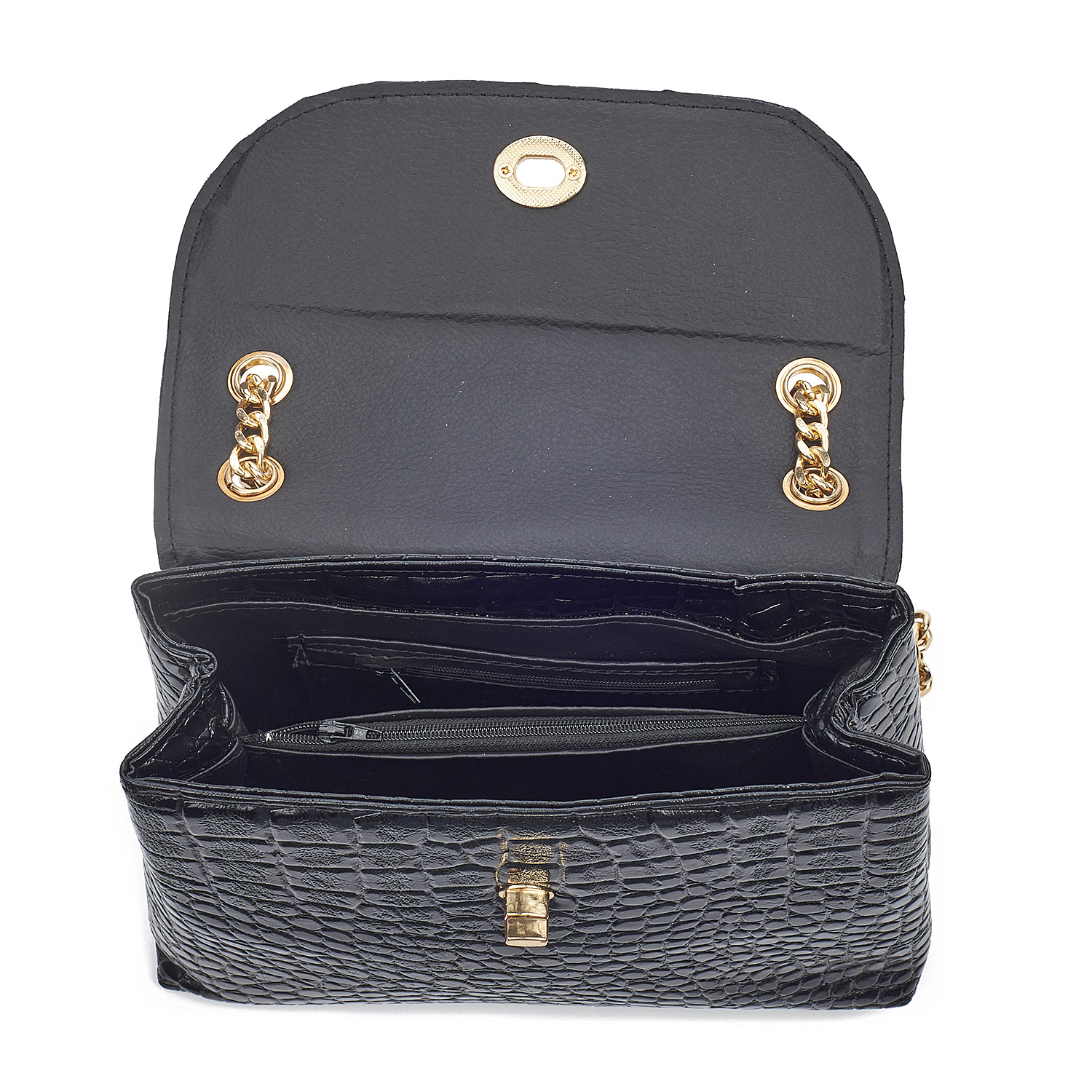 Sequoia Γυναικεία Τσάντα Ώμου με Ανάγλυφο Μοτίβο Ιγκουάνα και Χρυσή Αλυσίδα V-111IG Μαύρο