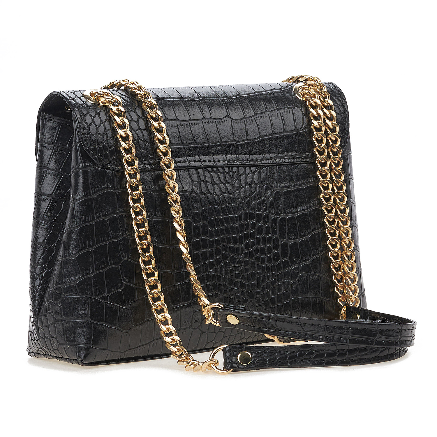 Sequoia Γυναικεία Τσάντα Ώμου με Καπιτονέ Μοτίβο Κροκό και Χρυσή Αλυσίδα V-111CH Μαύρο