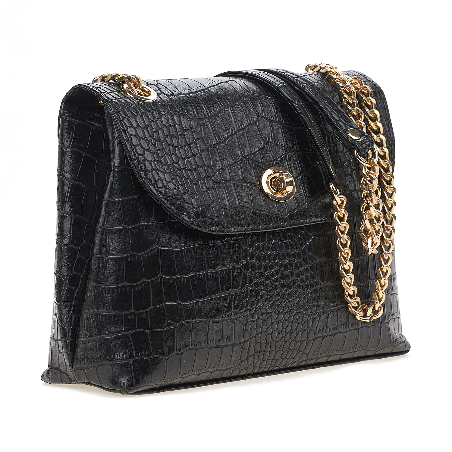 Sequoia Γυναικεία Τσάντα Ώμου με Ανάγλυφο Μοτίβο Ιγκουάνα και Χρυσή Αλυσίδα V-111IG Μαύρο