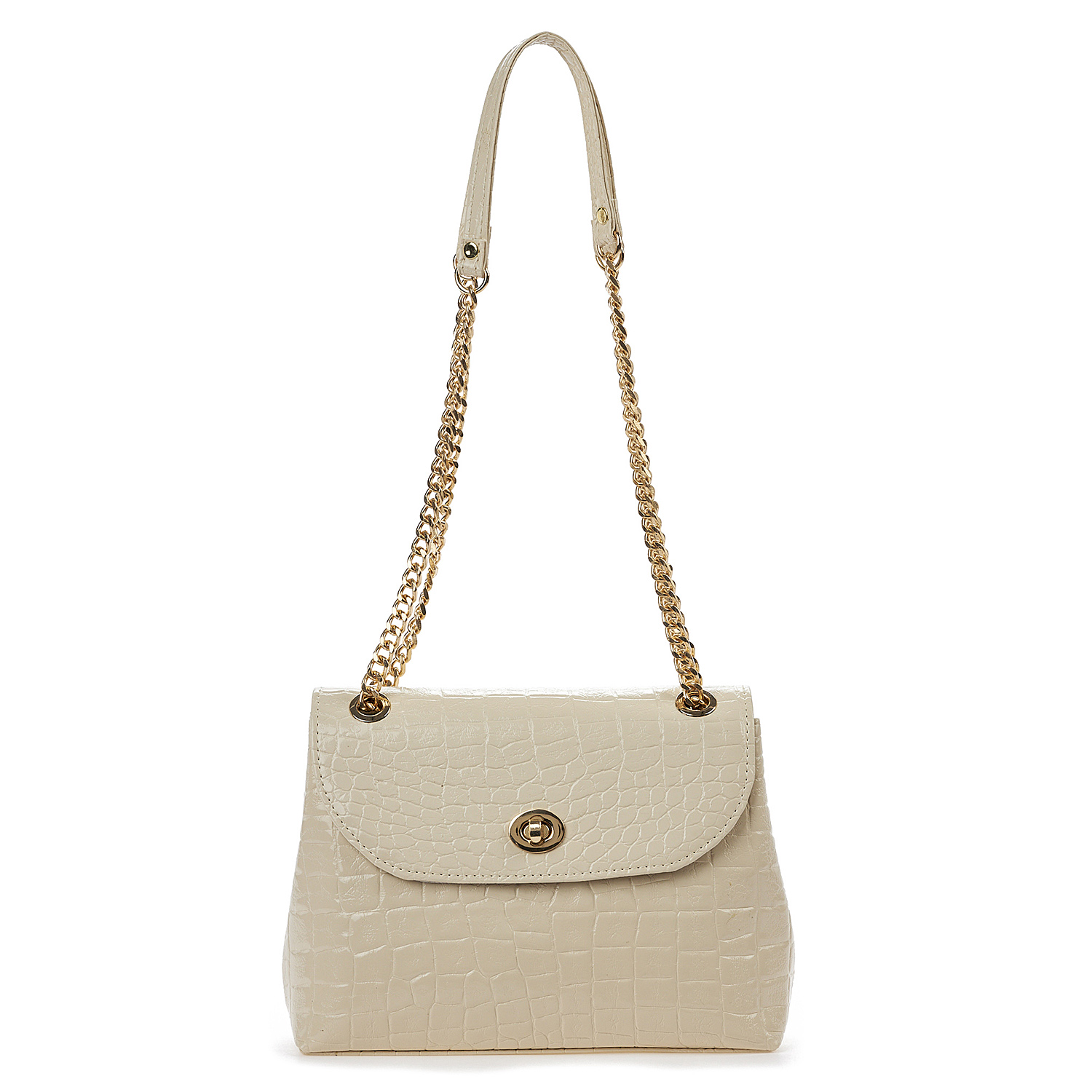 Sequoia Γυναικεία Τσάντα Ώμου με Ανάγλυφο Μοτίβο Κροκό και Χρυσή Αλυσίδα V-111CR Μπεζ
