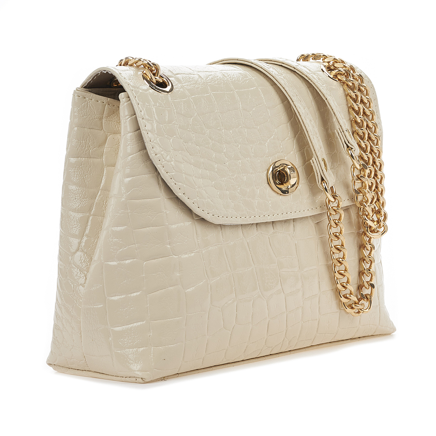 Sequoia Γυναικεία Τσάντα Ώμου με Ανάγλυφο Μοτίβο Κροκό και Χρυσή Αλυσίδα V-111CR Μπεζ