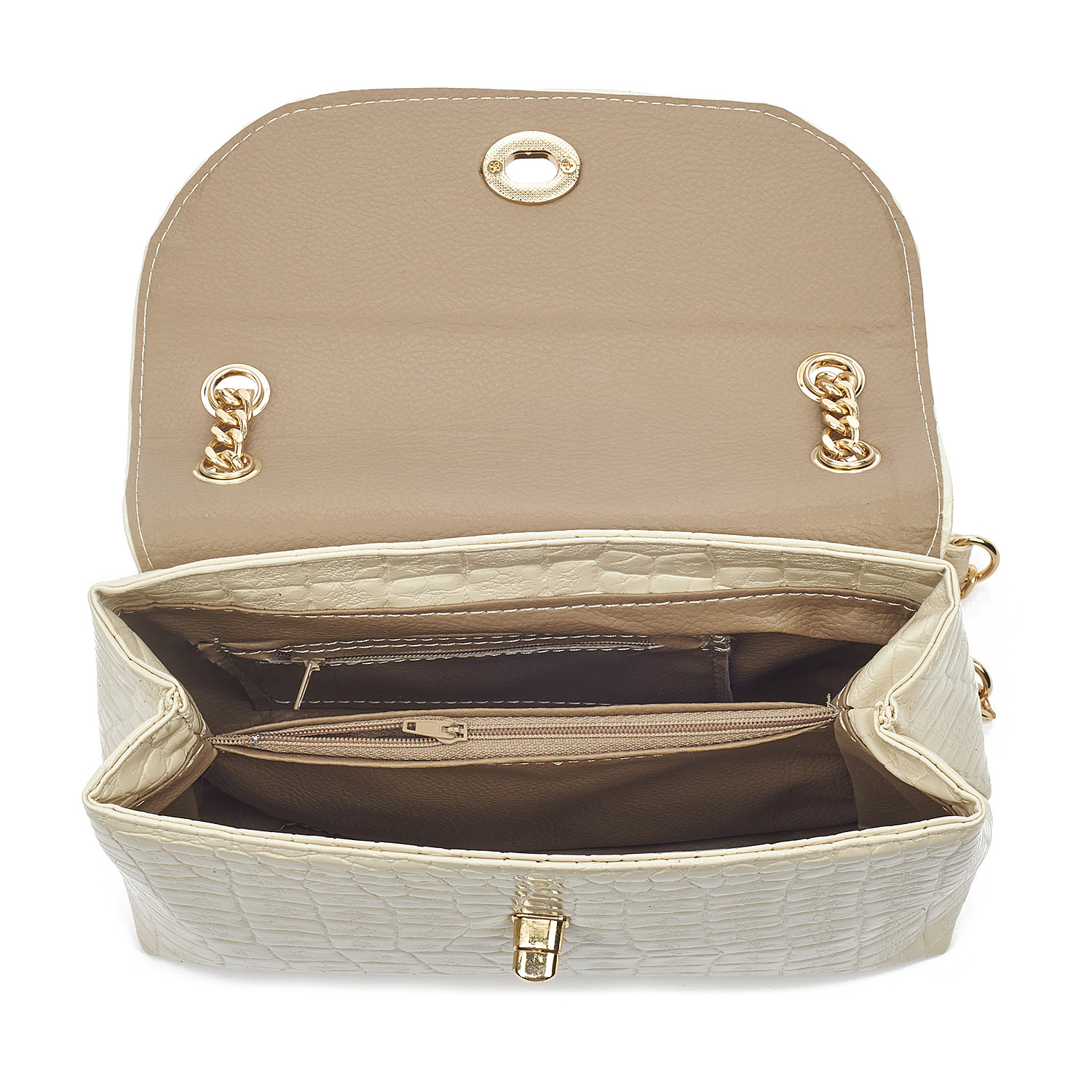 Sequoia Γυναικεία Τσάντα Ώμου με Ανάγλυφο Μοτίβο Κροκό και Χρυσή Αλυσίδα V-111CR Μπεζ