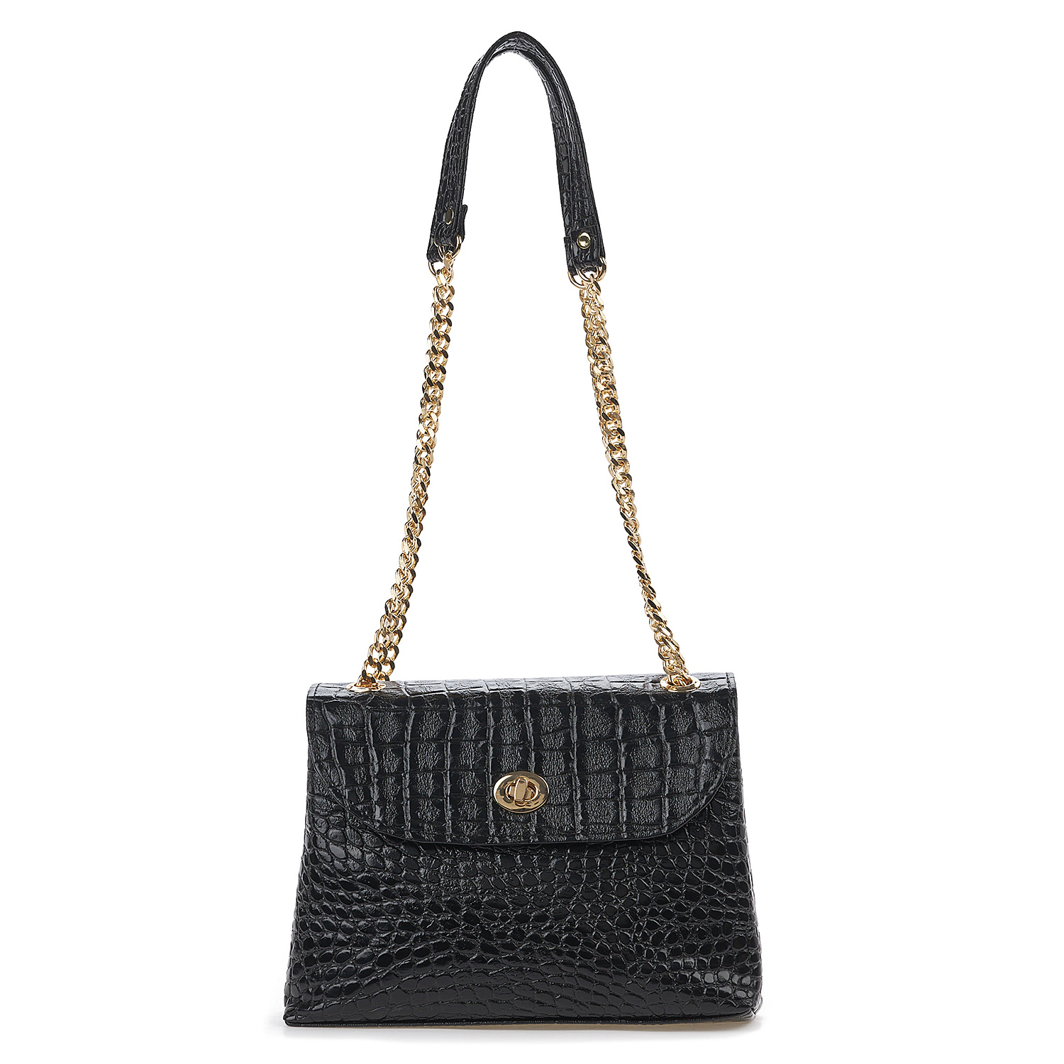 Sequoia Γυναικεία Τσάντα Ώμου με Καπιτονέ Μοτίβο Κροκό και Χρυσή Αλυσίδα V-111CH Μαύρο