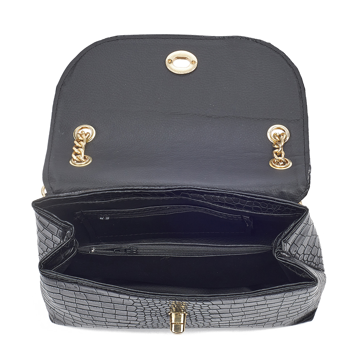 Sequoia Γυναικεία Τσάντα Ώμου με Ανάγλυφο Μοτίβο Κροκό και Χρυσή Αλυσίδα V-111CR Μαύρο