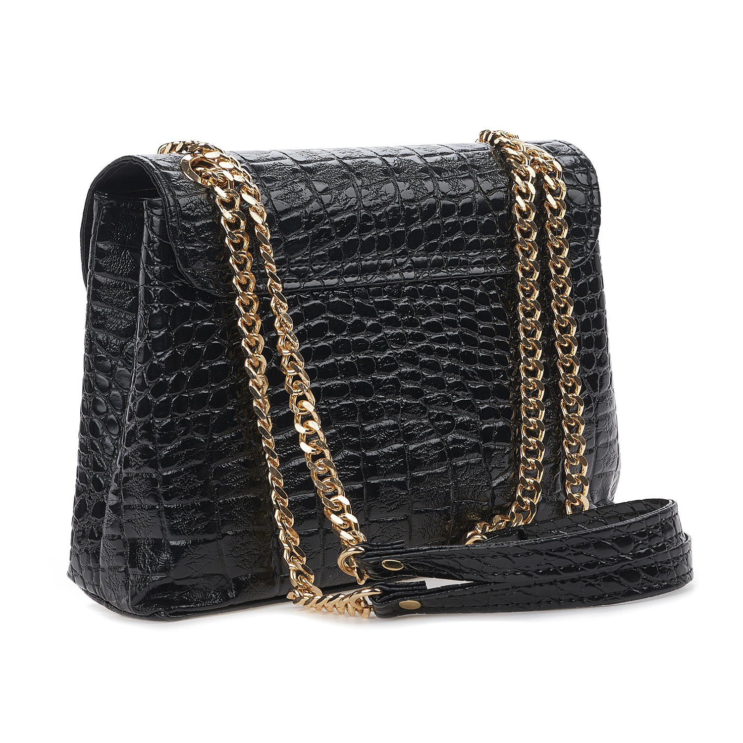 Sequoia Γυναικεία Τσάντα Ώμου με Ανάγλυφο Μοτίβο Κροκό και Χρυσή Αλυσίδα V-111CR Μαύρο