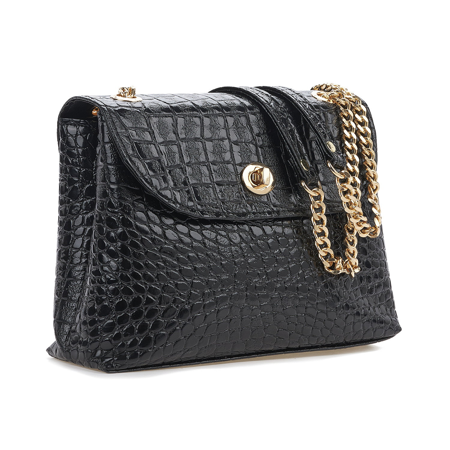 Sequoia Γυναικεία Τσάντα Ώμου με Ανάγλυφο Μοτίβο Κροκό και Χρυσή Αλυσίδα V-111CR Μαύρο