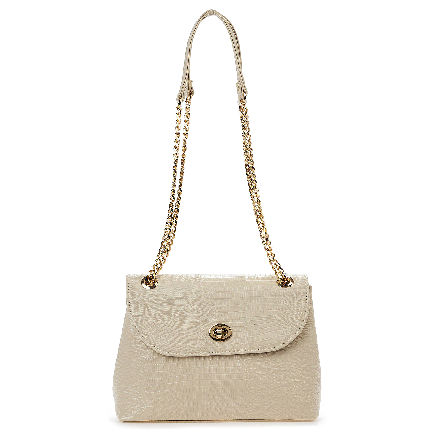 Sequoia Γυναικεία Τσάντα Ώμου με Ανάγλυφο Μοτίβο Ιγκουάνα και Χρυσή Αλυσίδα V-111IG Μπεζ