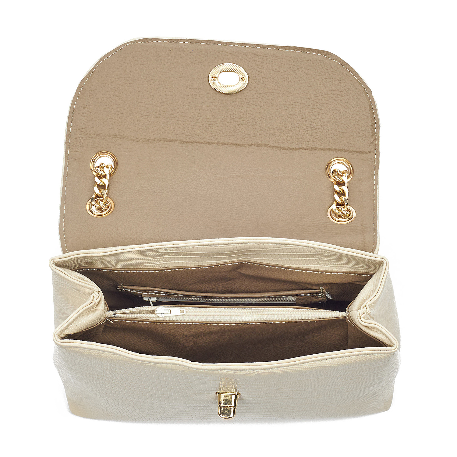 Sequoia Γυναικεία Τσάντα Ώμου με Ανάγλυφο Μοτίβο Ιγκουάνα και Χρυσή Αλυσίδα V-111IG Μπεζ