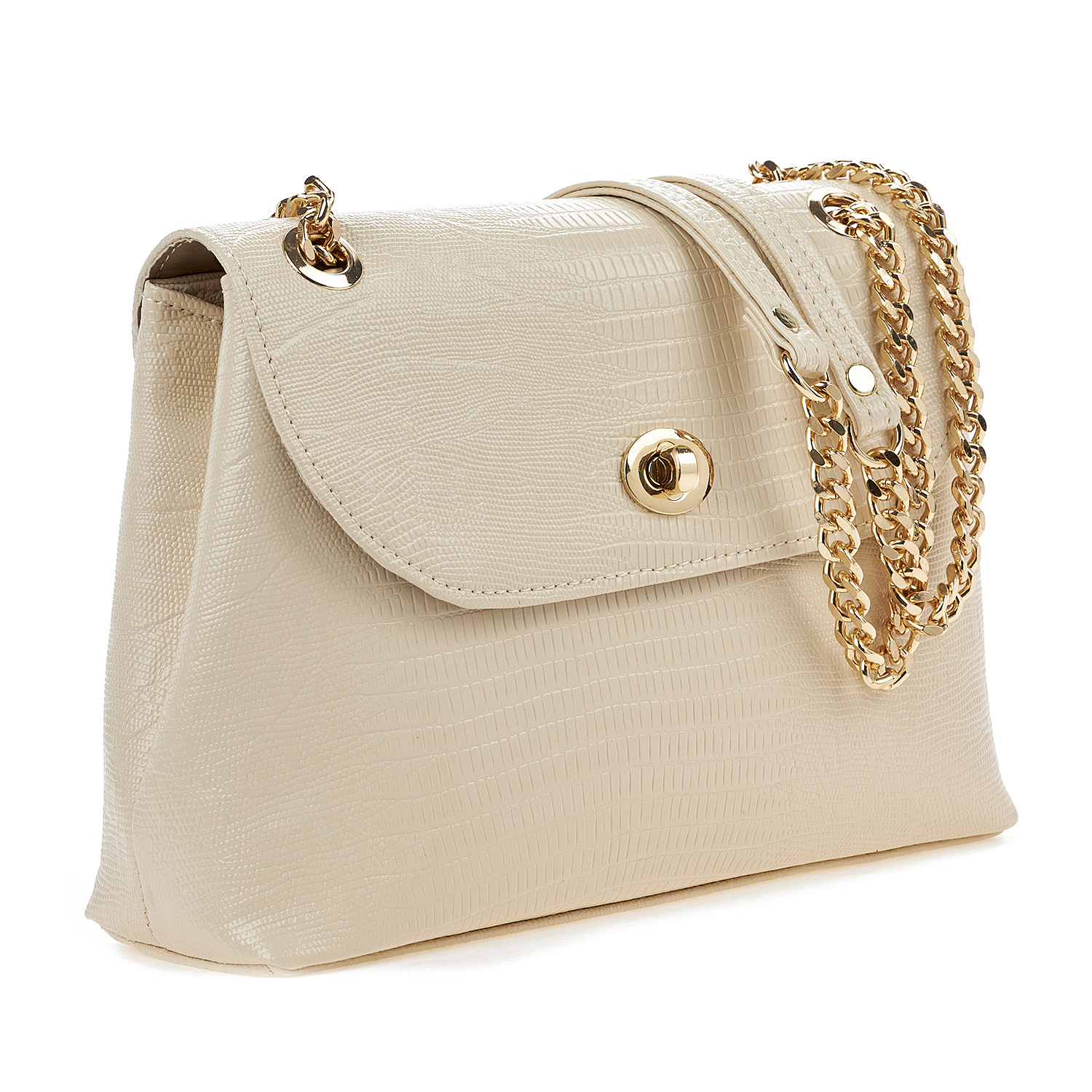 Sequoia Γυναικεία Τσάντα Ώμου με Ανάγλυφο Μοτίβο Ιγκουάνα και Χρυσή Αλυσίδα V-111IG Μπεζ