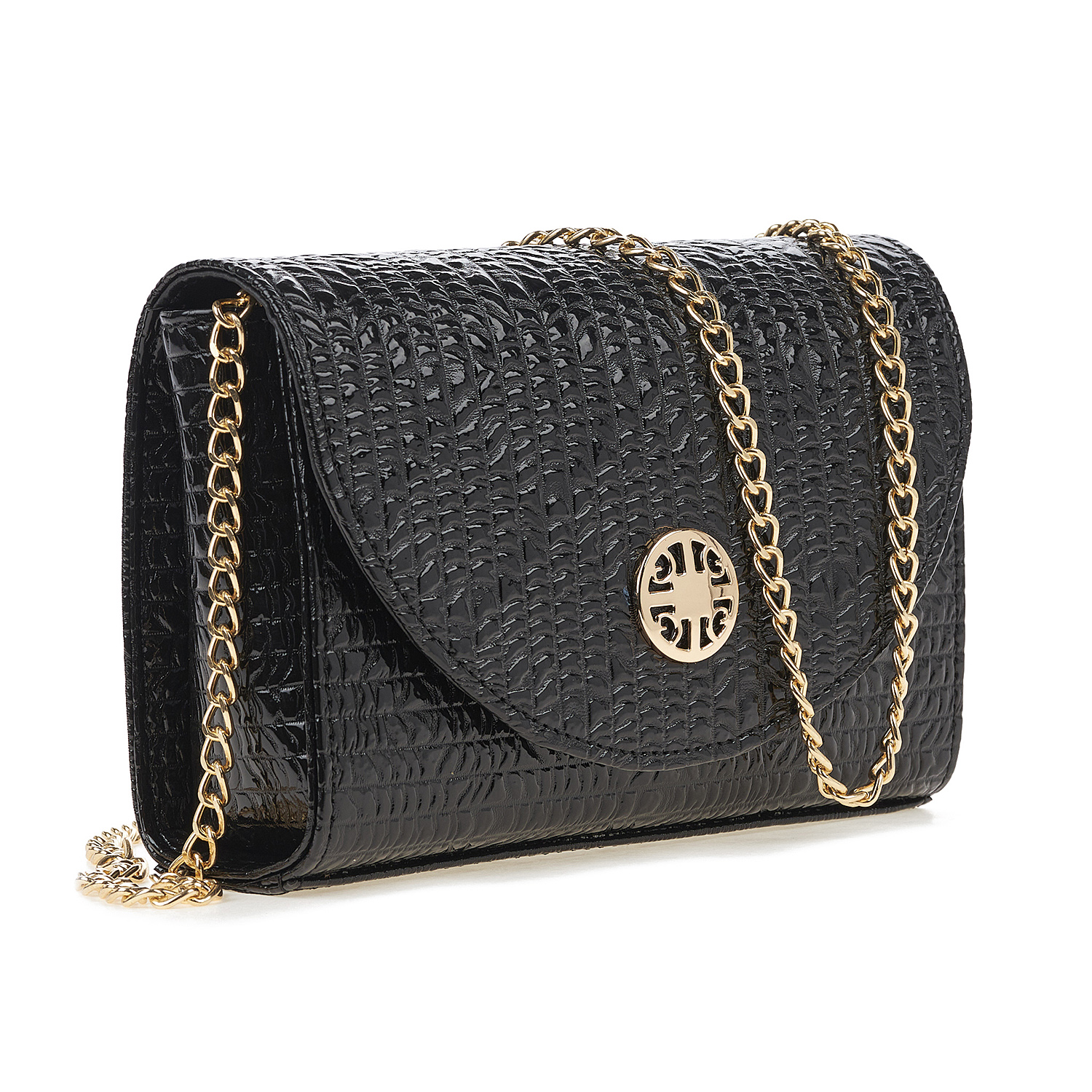 Sequoia Γυναικεία Τσάντα Χιαστί με Ανάγλυφο Μοτίβο και Χρυσή Αλυσίδα V-112BU Μαύρο