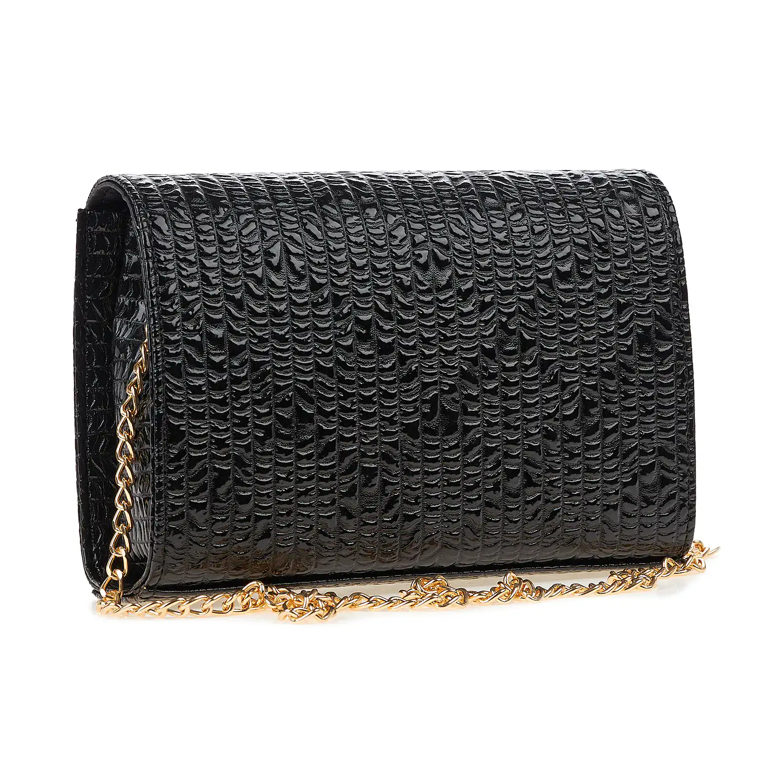 Sequoia Γυναικεία Τσάντα Χιαστί με Ανάγλυφο Μοτίβο και Χρυσή Αλυσίδα V-112BU Μαύρο