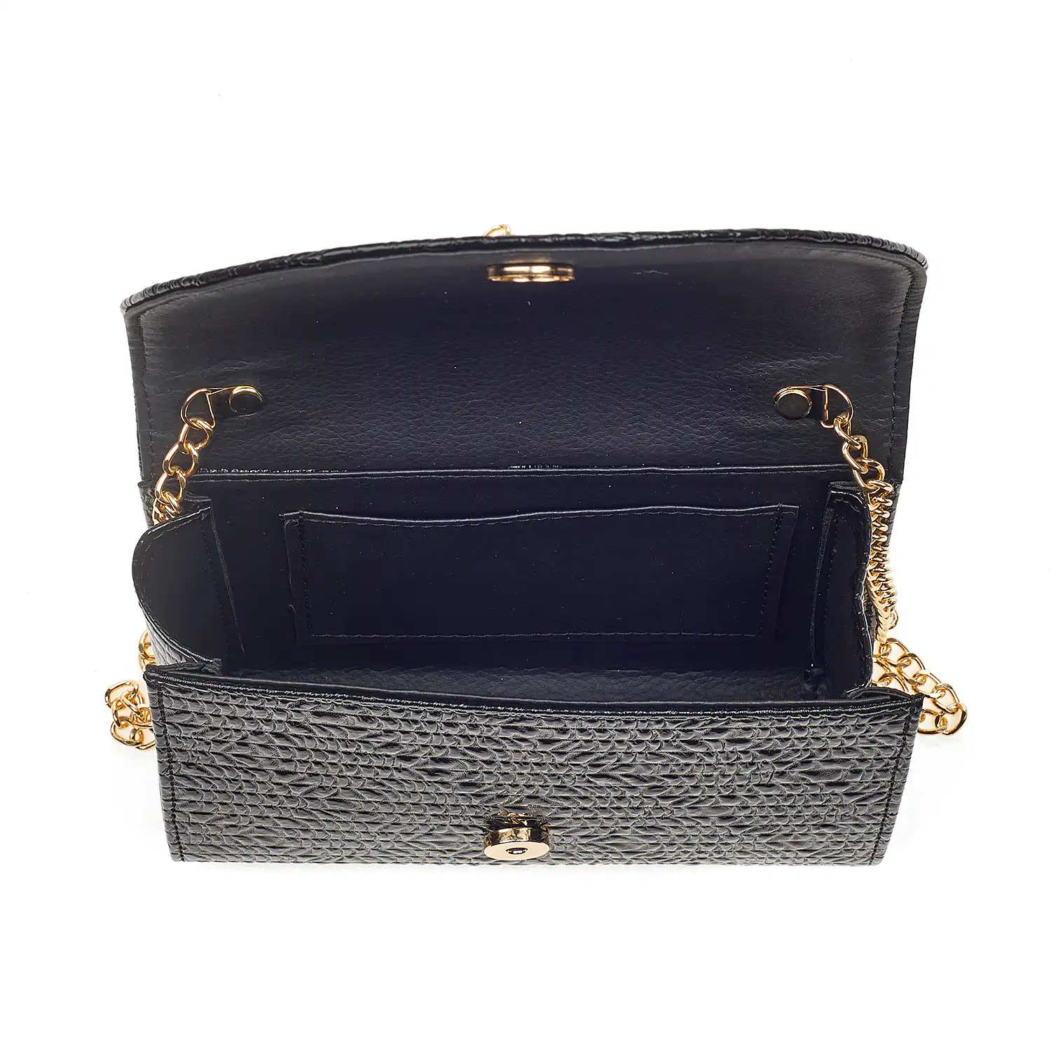 Sequoia Γυναικεία Τσάντα Χιαστί με Ανάγλυφο Μοτίβο και Χρυσή Αλυσίδα V-112BU Μαύρο