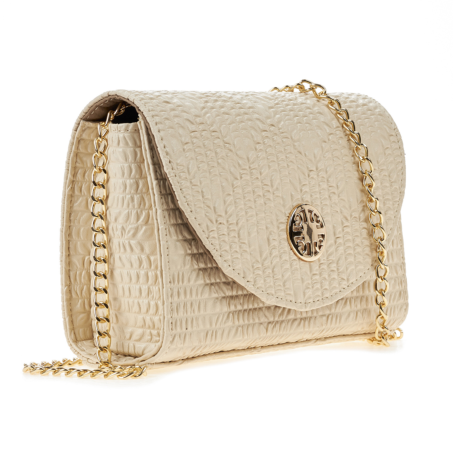 Sequoia Γυναικεία Τσάντα Χιαστί με Ανάγλυφο Μοτίβο και Χρυσή Αλυσίδα V-112BU Μπεζ