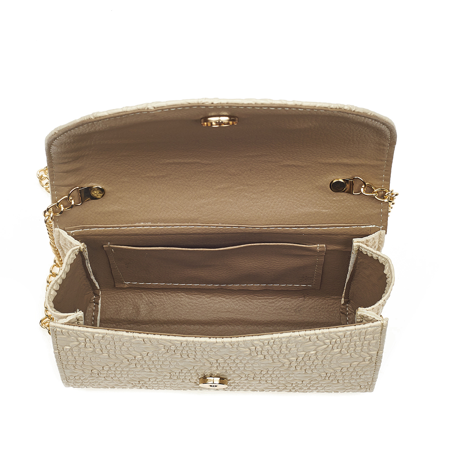 Sequoia Γυναικεία Τσάντα Χιαστί με Ανάγλυφο Μοτίβο και Χρυσή Αλυσίδα V-112BU Μπεζ