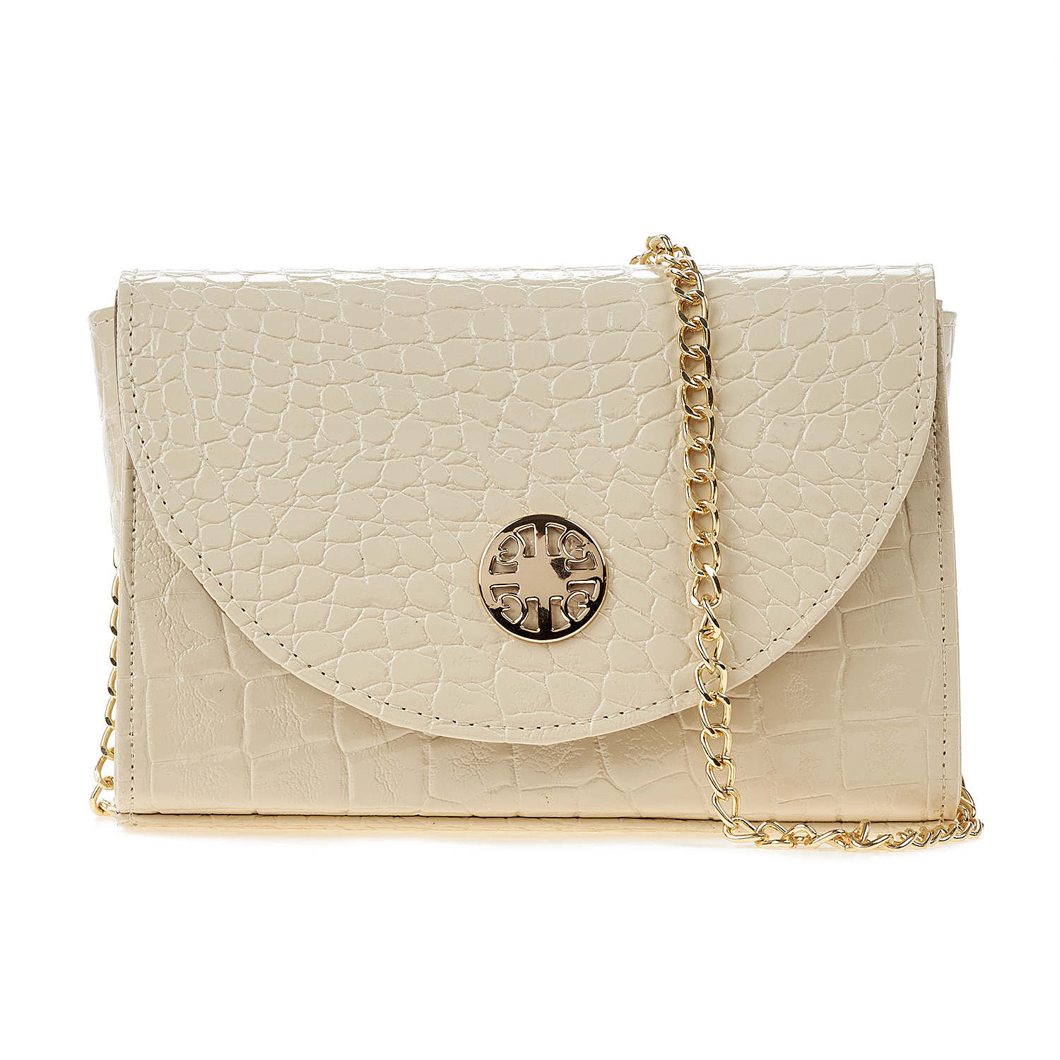 Sequoia Γυναικεία Τσάντα Χιαστί με Ανάγλυφο Μοτίβο κροκόδειλου και Χρυσή Αλυσίδα V-112CR Μπεζ