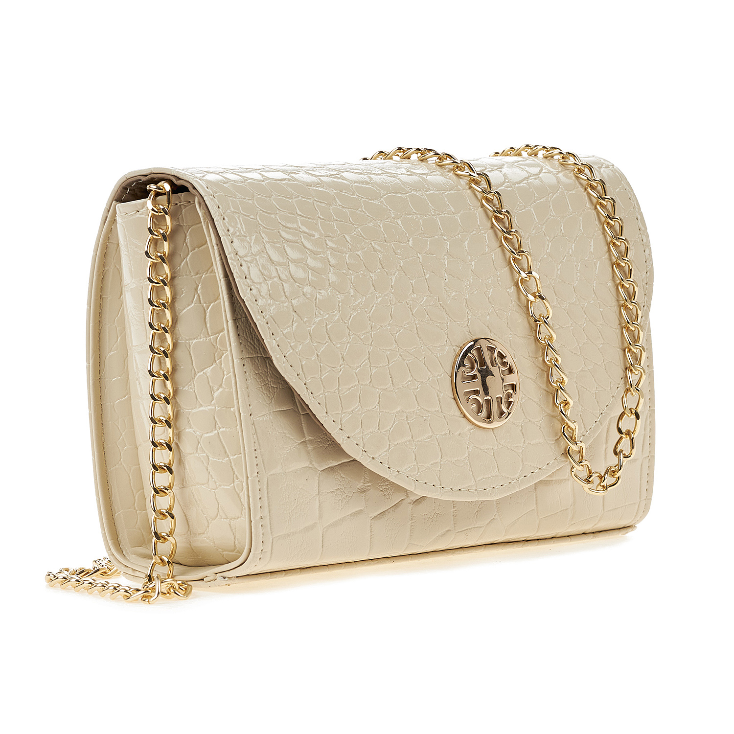 Sequoia Γυναικεία Τσάντα Χιαστί με Ανάγλυφο Μοτίβο κροκόδειλου και Χρυσή Αλυσίδα V-112CR Μπεζ