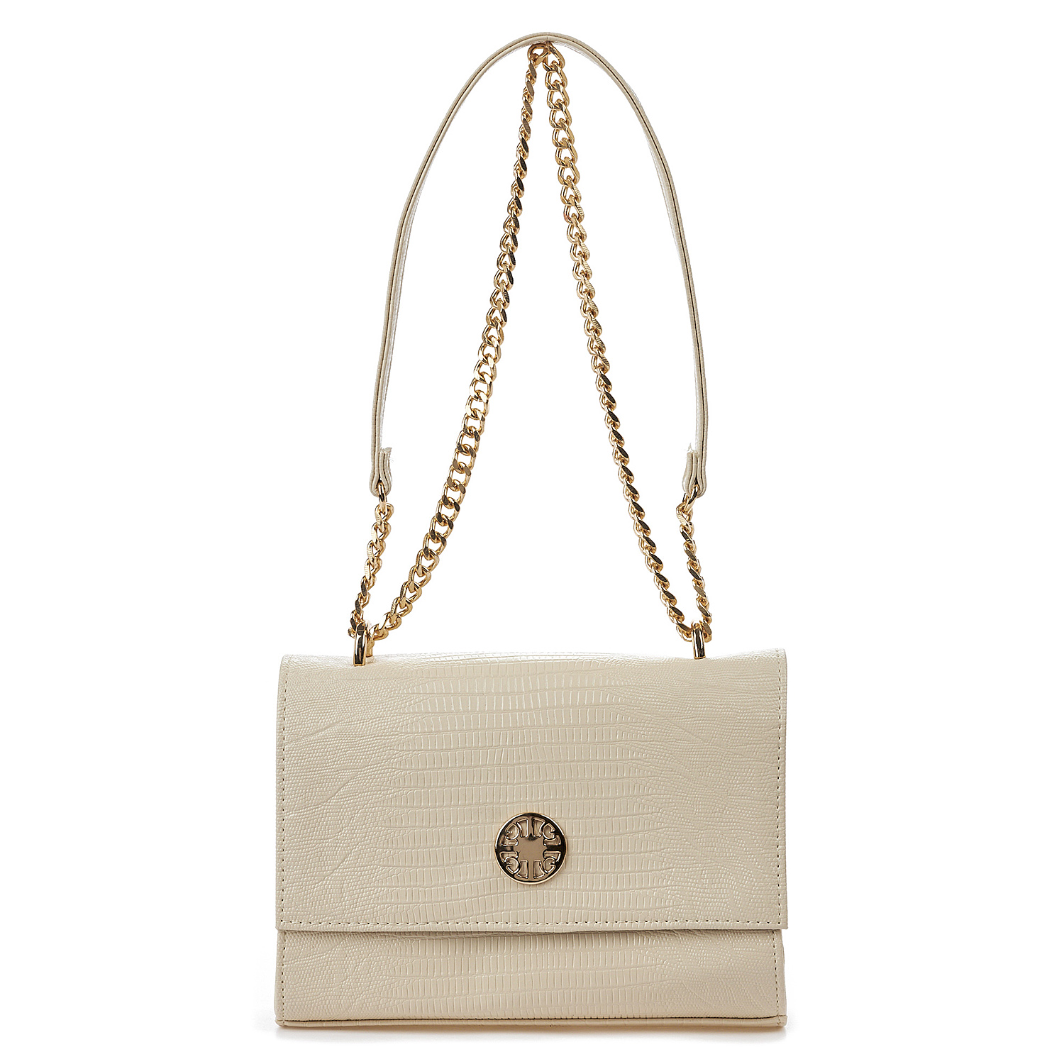 Sequoia Γυναικεία Τσάντα Ώμου με Ανάγλυφο Μοτίβο Ιγκουάνα και Χρυσή Αλυσίδα V-112IG Μπεζ