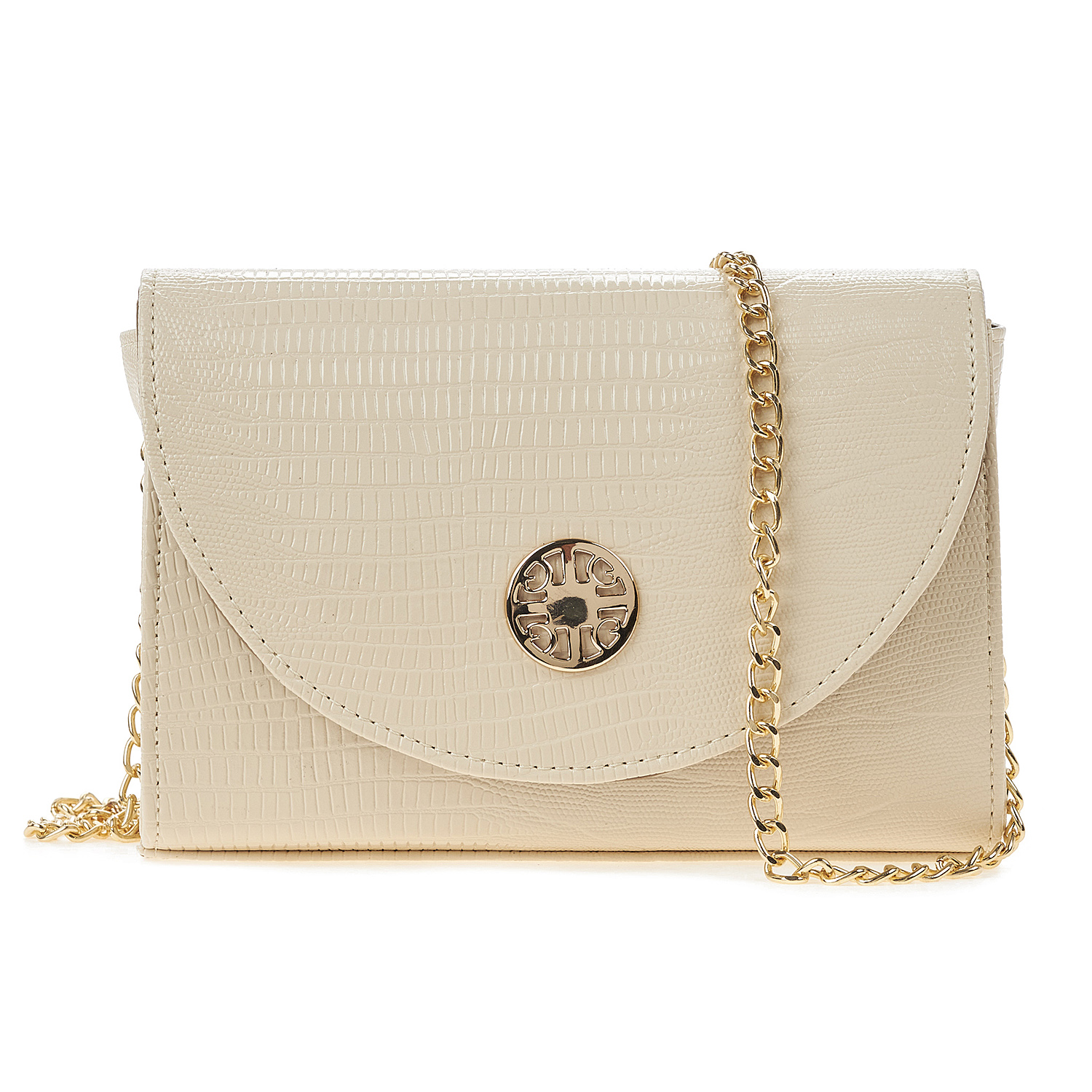 Sequoia Γυναικεία Τσάντα Χιαστί με Ανάγλυφο Ιγκουάνα  Μοτίβο και Χρυσή Αλυσίδα V-112IG Μπεζ