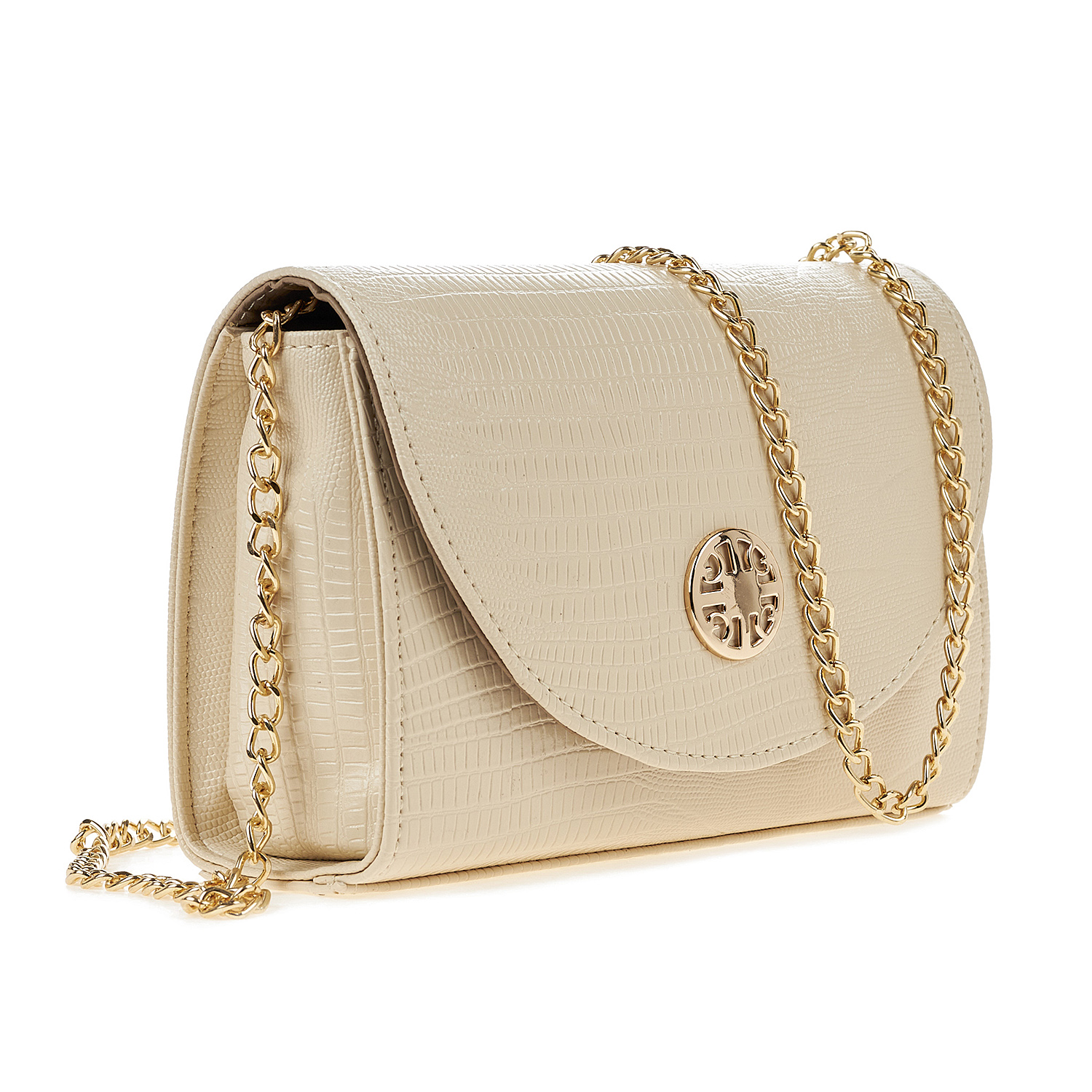 Sequoia Γυναικεία Τσάντα Χιαστί με Ανάγλυφο Ιγκουάνα  Μοτίβο και Χρυσή Αλυσίδα V-112IG Μπεζ