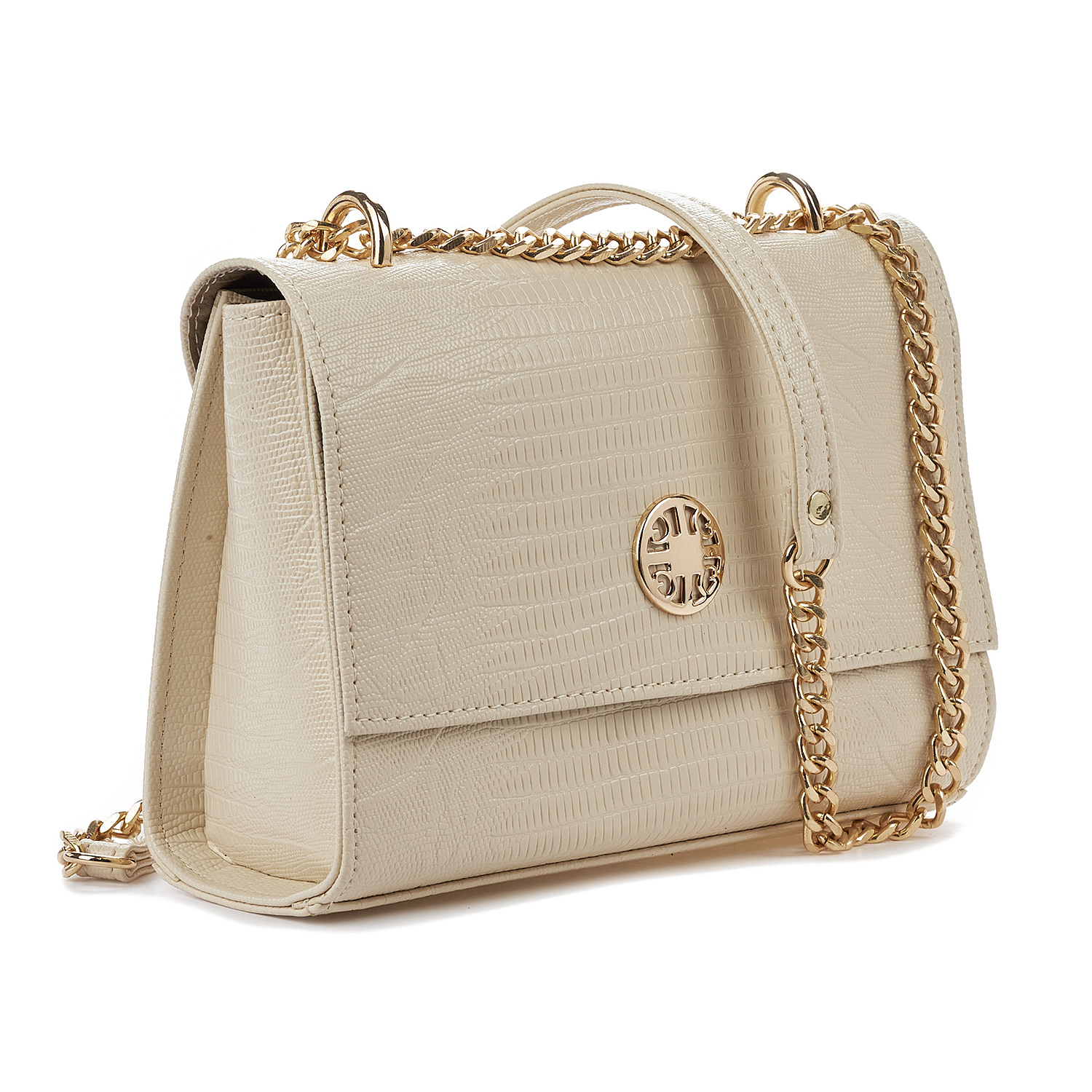 Sequoia Γυναικεία Τσάντα Ώμου με Ανάγλυφο Μοτίβο Ιγκουάνα και Χρυσή Αλυσίδα V-112IG Μπεζ